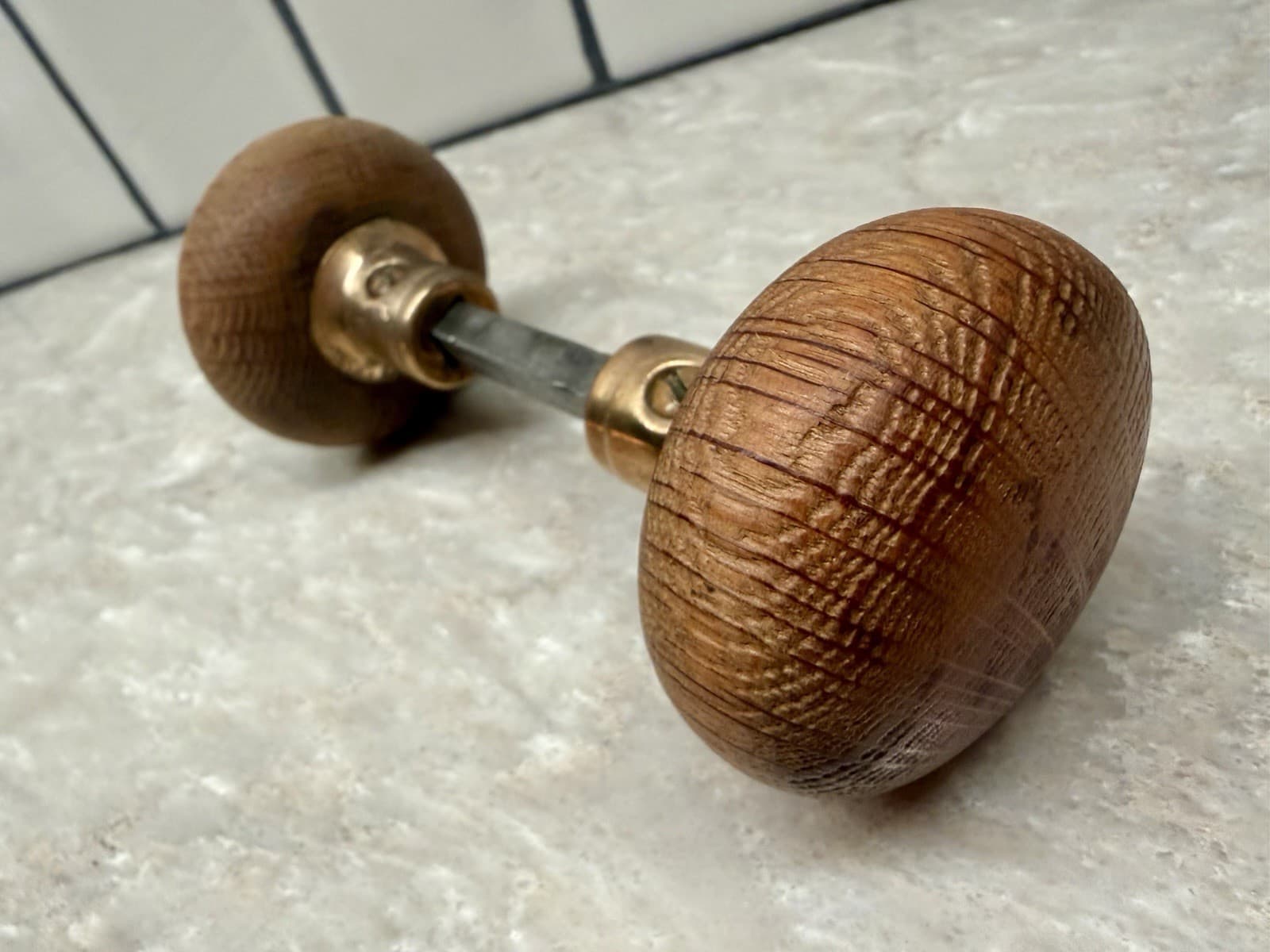 Vintage Oak Wood Door Knob Set Brass Collars 2-1/4” Round w/ 4” Spindle - Thumbnail 2