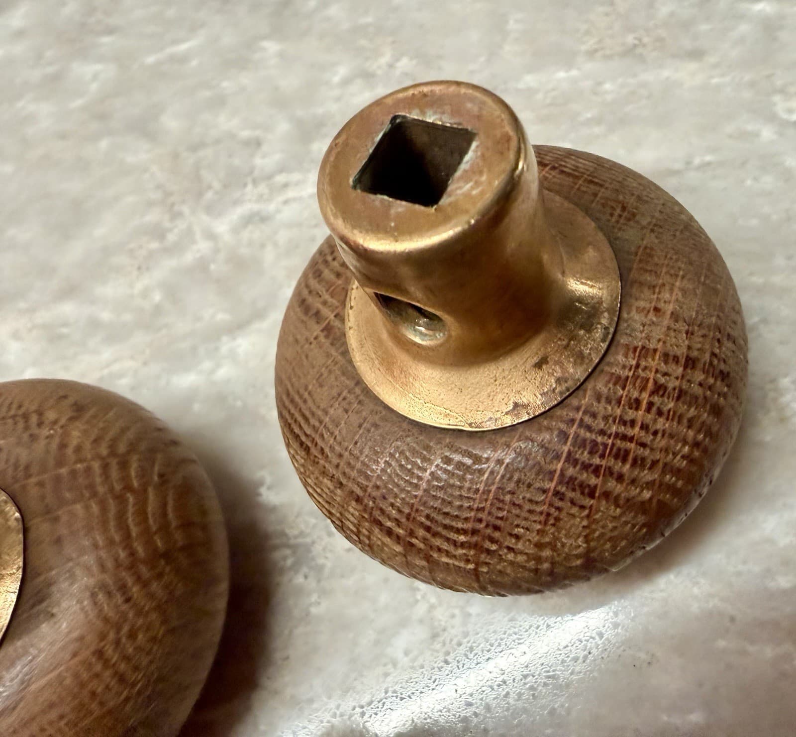 Vintage Oak Wood Door Knob Set Brass Collars 2-1/4” Round w/ 4” Spindle - Thumbnail 11