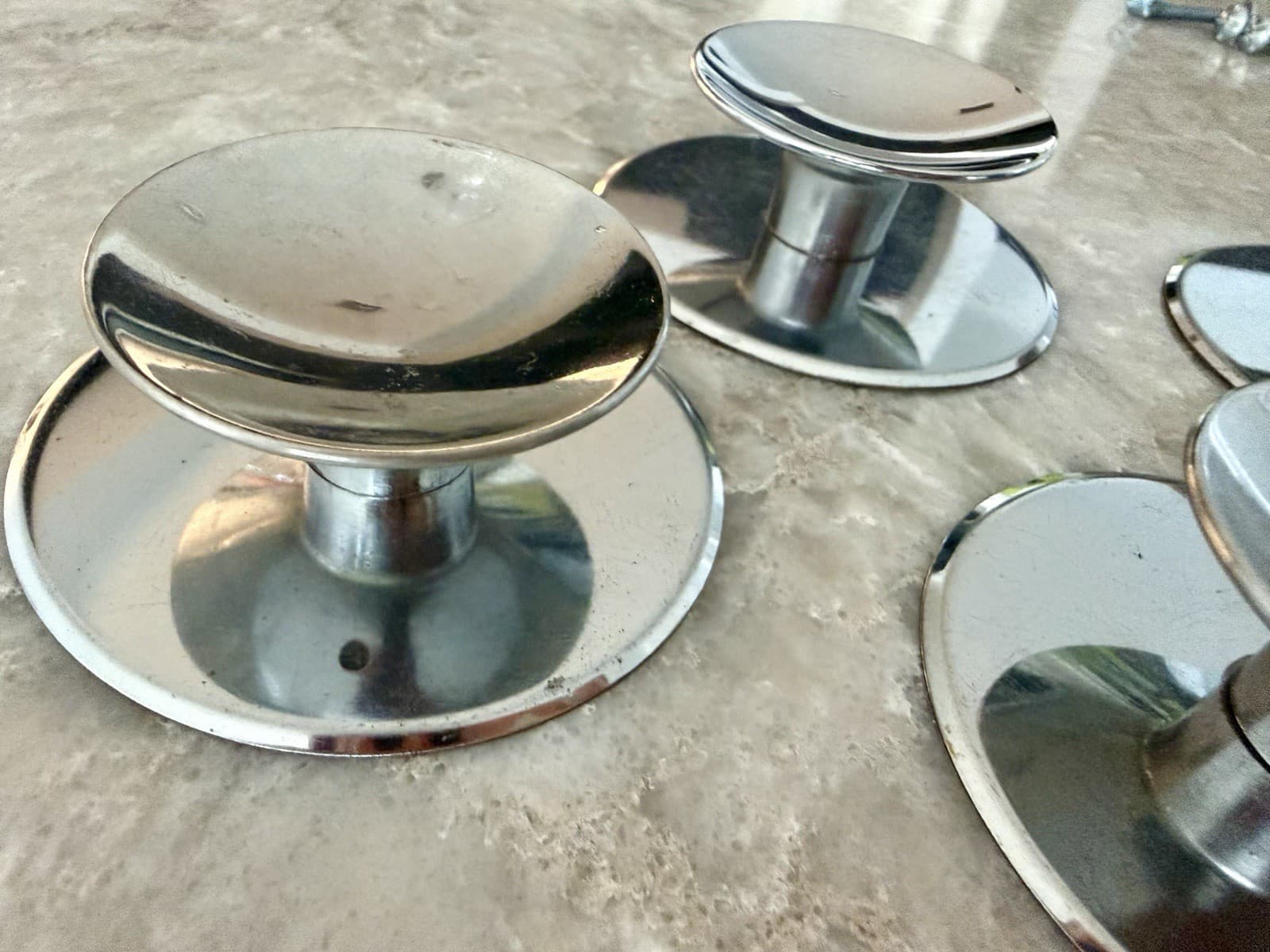 Set of 4 MCM Chrome Cabinet Drawer Pulls Knobs 2” w/ 2-3/4” Backplates - Thumbnail 8