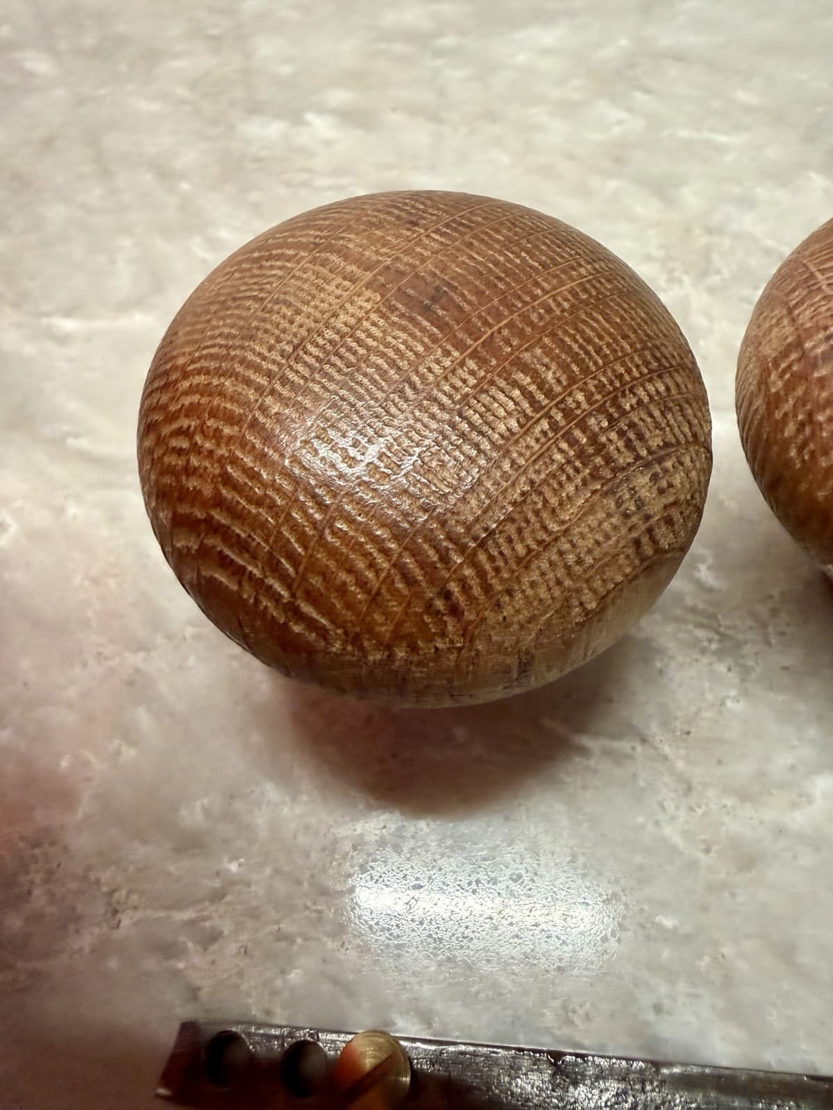 Vintage Oak Wood Door Knob Set Brass Collars 2-1/4” Round w/ 4” Spindle - Thumbnail 8