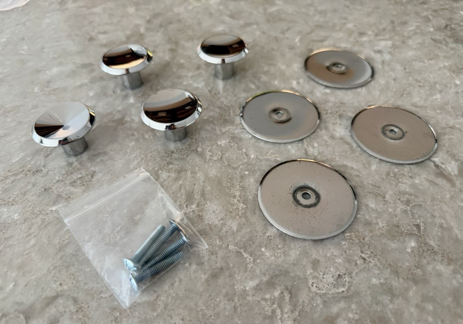 Set of 4 MCM Chrome Cabinet Drawer Pulls Knobs 1-1/2” w/ 2-1/8” Backplates - Thumbnail 2
