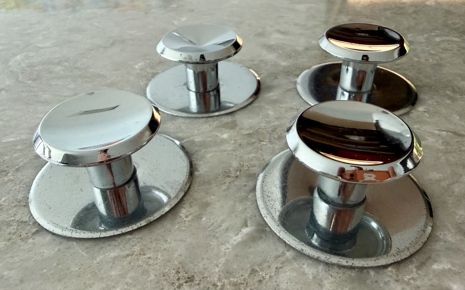 Set of 4 MCM Chrome Cabinet Drawer Pulls Knobs 1-1/2” w/ 2-1/8” Backplates - Thumbnail 8