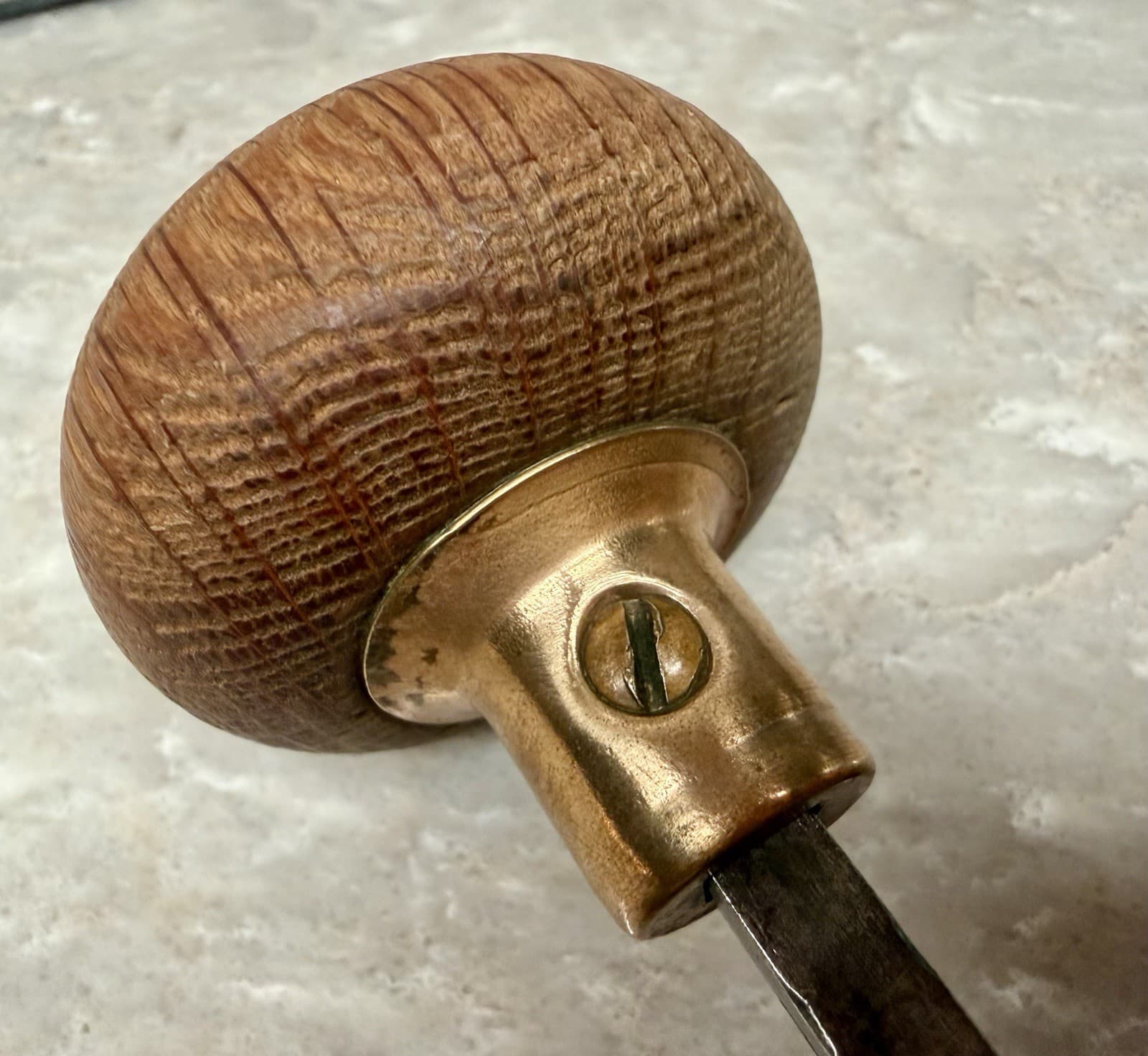 Vintage Oak Wood Door Knob Set Brass Collars 2-1/4” Round w/ 4” Spindle - Thumbnail 5