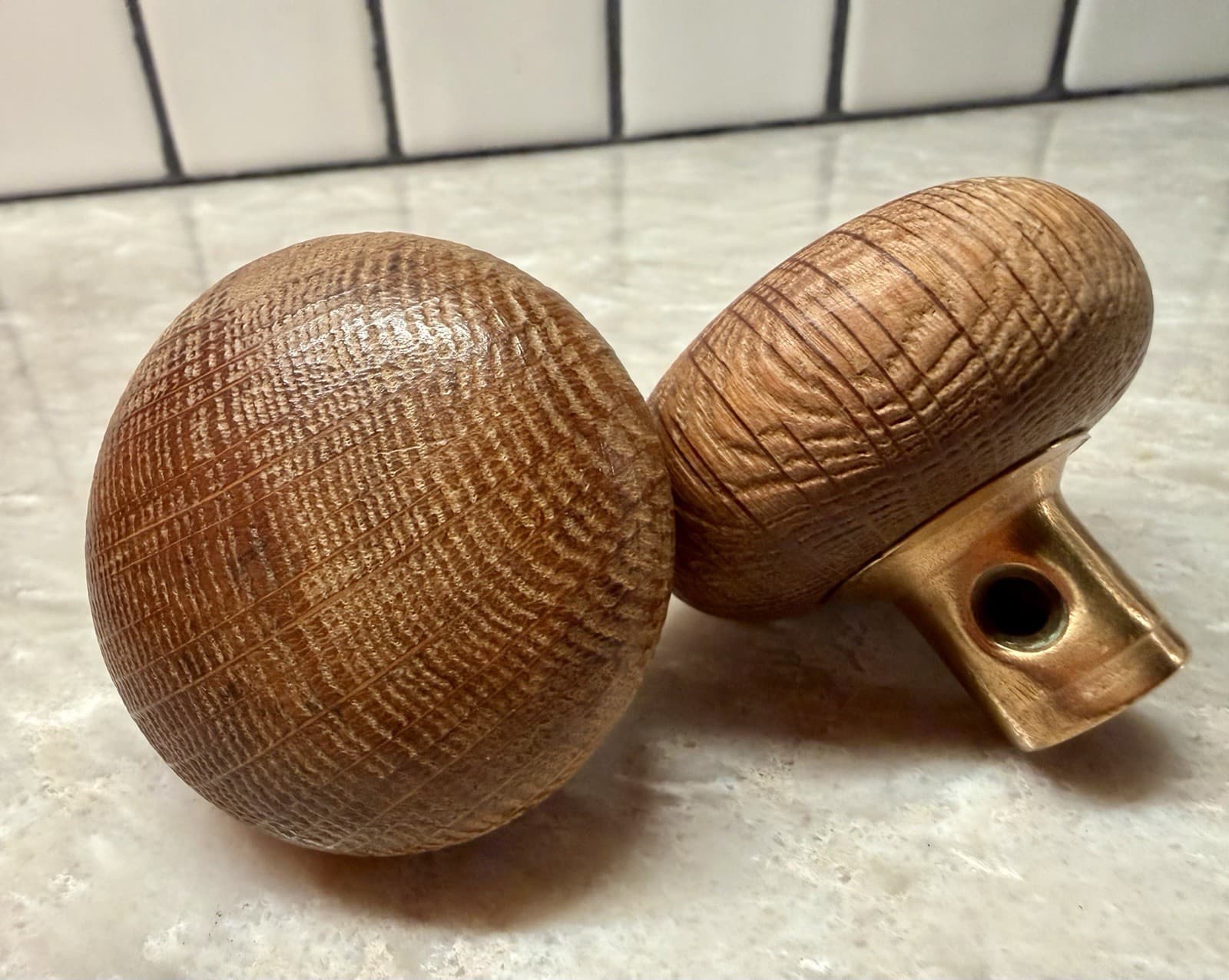 Vintage Oak Wood Door Knob Set Brass Collars 2-1/4” Round w/ 4” Spindle - Thumbnail 12