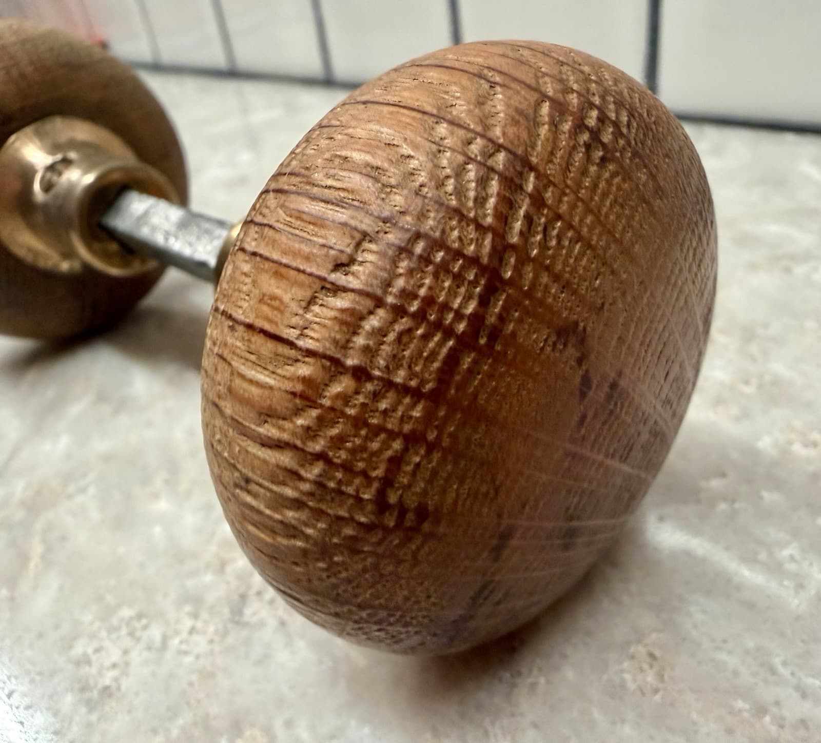 Vintage Oak Wood Door Knob Set Brass Collars 2-1/4” Round w/ 4” Spindle - Thumbnail 3
