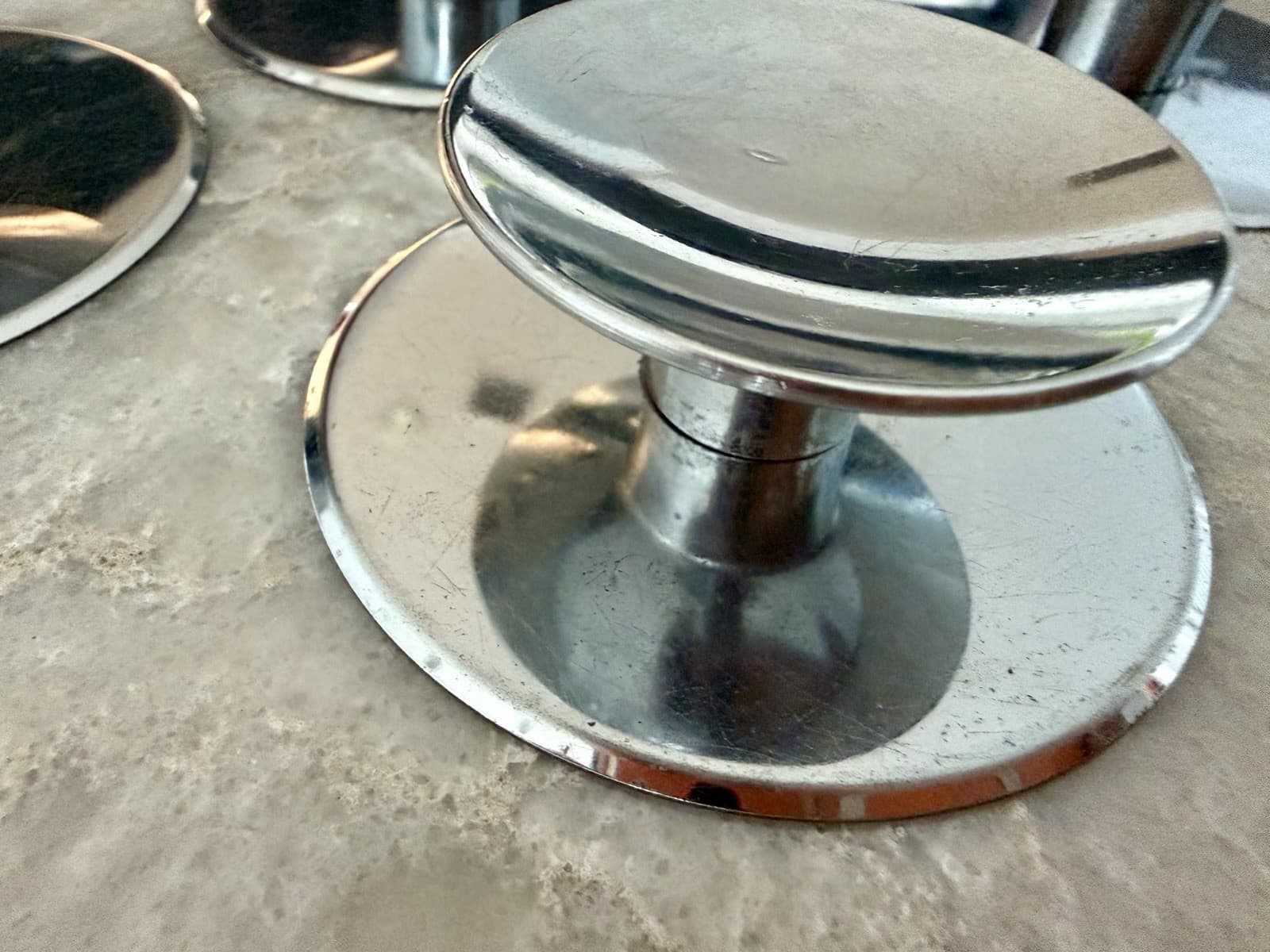 Set of 4 MCM Chrome Cabinet Drawer Pulls Knobs 2” w/ 2-3/4” Backplates - Thumbnail 9