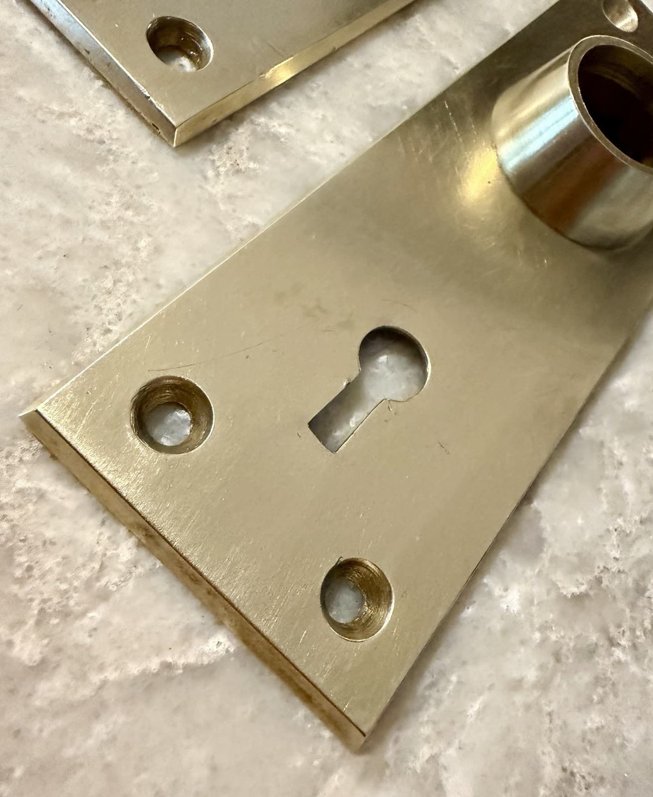 Pair Solid Brass Mid Century Modern Door Backplates Keyhole Escutcheons 5-1/4” - Thumbnail 5