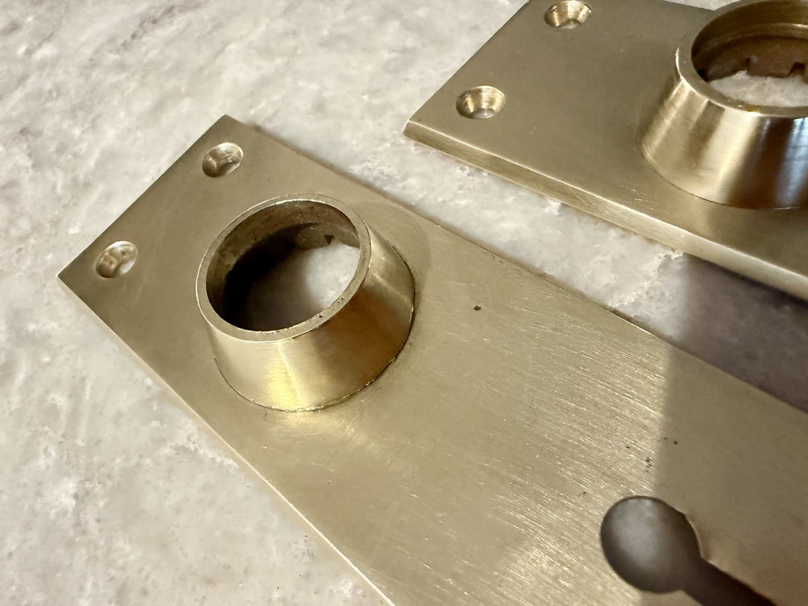 Pair Solid Brass Mid Century Modern Door Backplates Keyhole Escutcheons 5-1/4” - Thumbnail 2