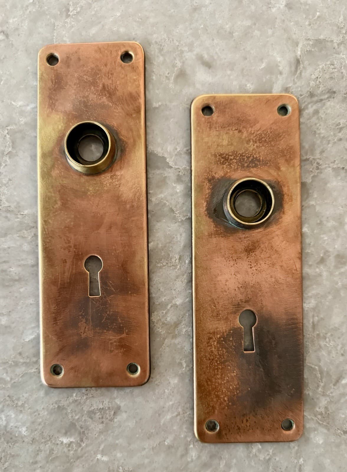 Antique Solid Brass Door Back Plates Escutcheons Pair 6-5/8” Arts & Crafts