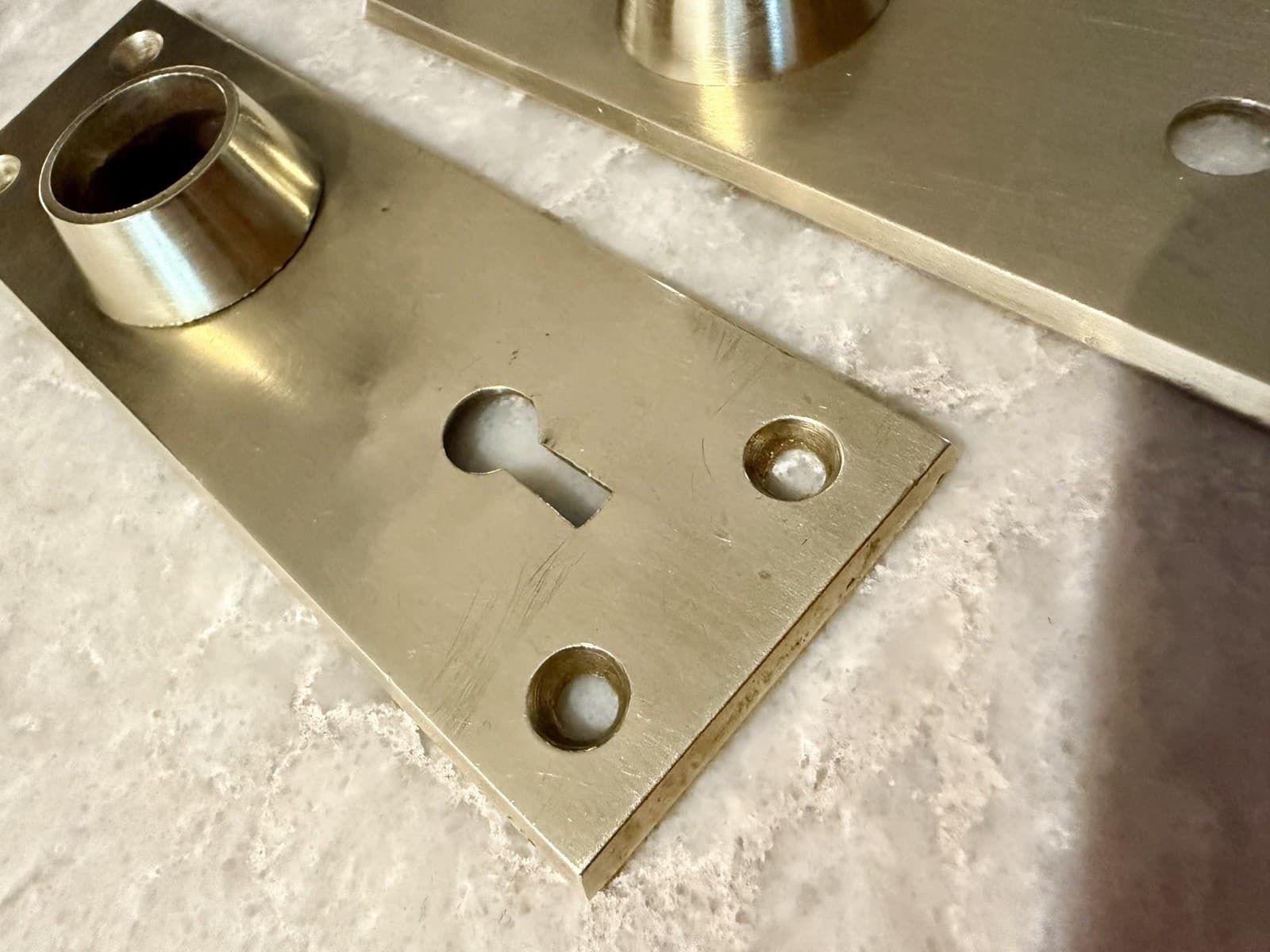 Pair Solid Brass Mid Century Modern Door Backplates Keyhole Escutcheons 5-1/4” - Thumbnail 3