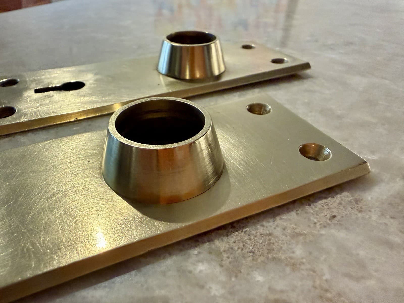 Pair Solid Brass Mid Century Modern Door Backplates Keyhole Escutcheons 5-1/4” - Thumbnail 6