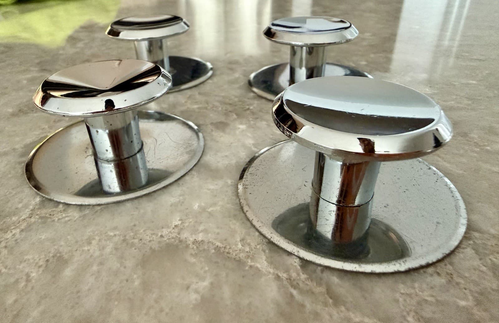 Set of 4 MCM Chrome Cabinet Drawer Pulls Knobs 1-1/2” w/ 2-1/8” Backplates - Thumbnail 9