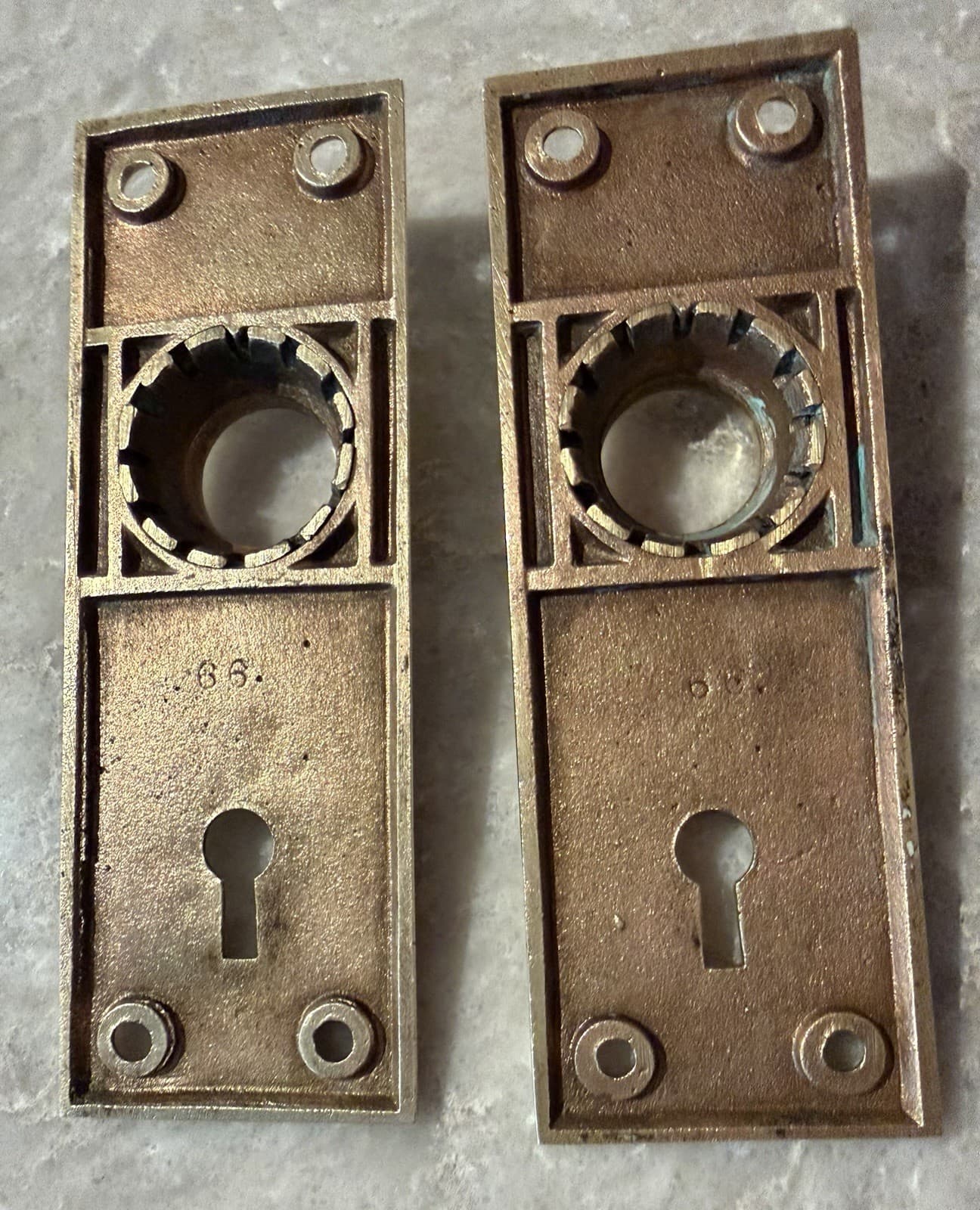 Pair Solid Brass Mid Century Modern Door Backplates Keyhole Escutcheons 5-1/4” - Thumbnail 11