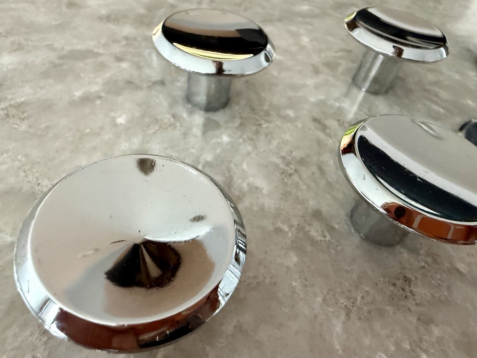Set of 4 MCM Chrome Cabinet Drawer Pulls Knobs 1-1/2” w/ 2-1/8” Backplates - Thumbnail 6