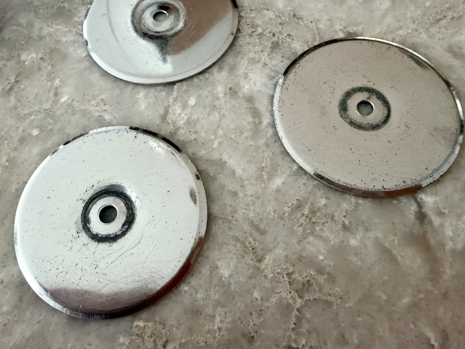 Set of 4 MCM Chrome Cabinet Drawer Pulls Knobs 1-1/2” w/ 2-1/8” Backplates - Thumbnail 4