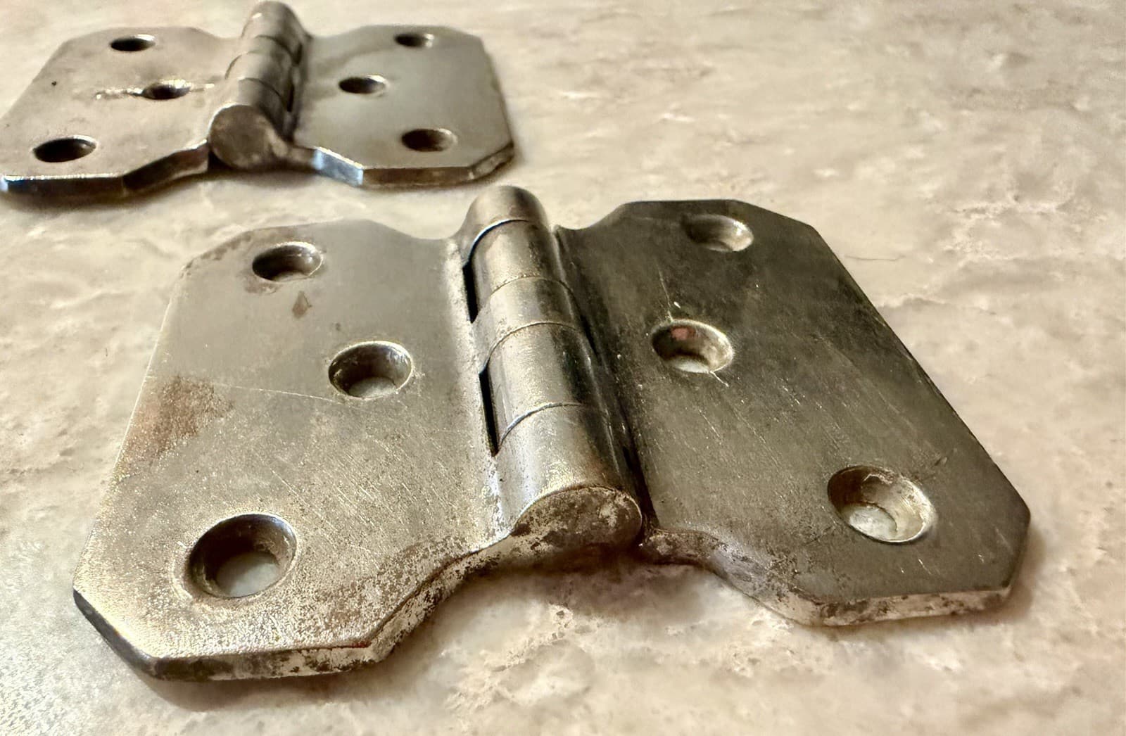 Vintage Nickel Over Brass Non Mortise Cabinet Hinges Pair 3-1/4” x 2-3/4” - Thumbnail 2