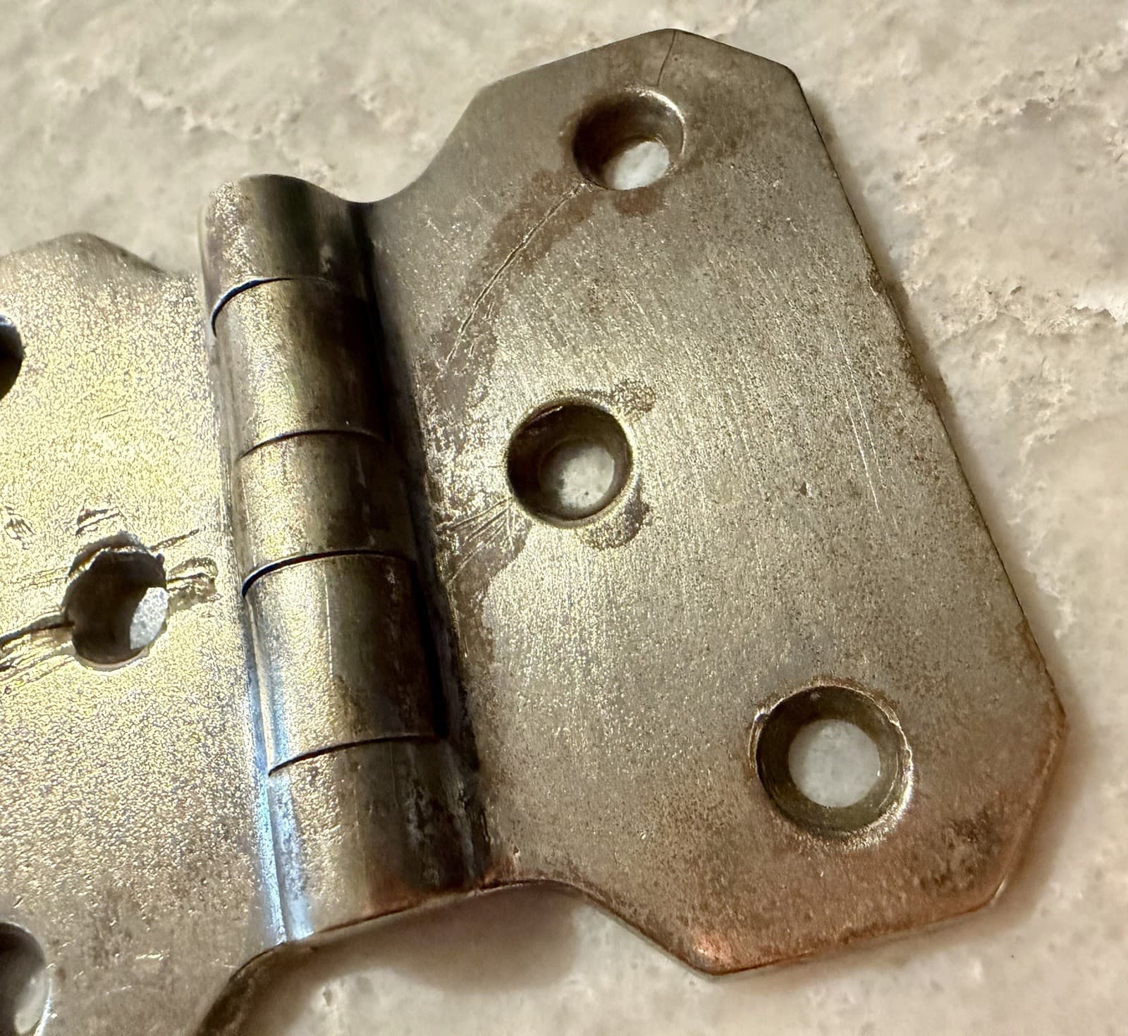 Vintage Nickel Over Brass Non Mortise Cabinet Hinges Pair 3-1/4” x 2-3/4” - Thumbnail 5