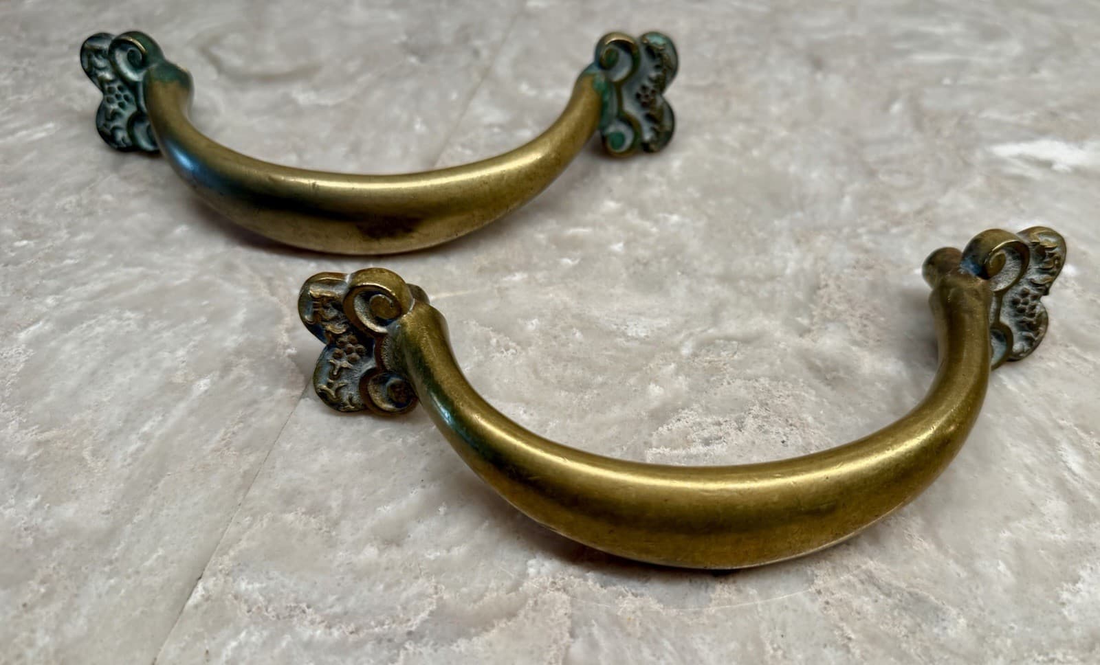 Pair Vintage Solid Brass Grapevine Cabinet Drawer Pulls 5” CTC Art Nouveau - Thumbnail 2