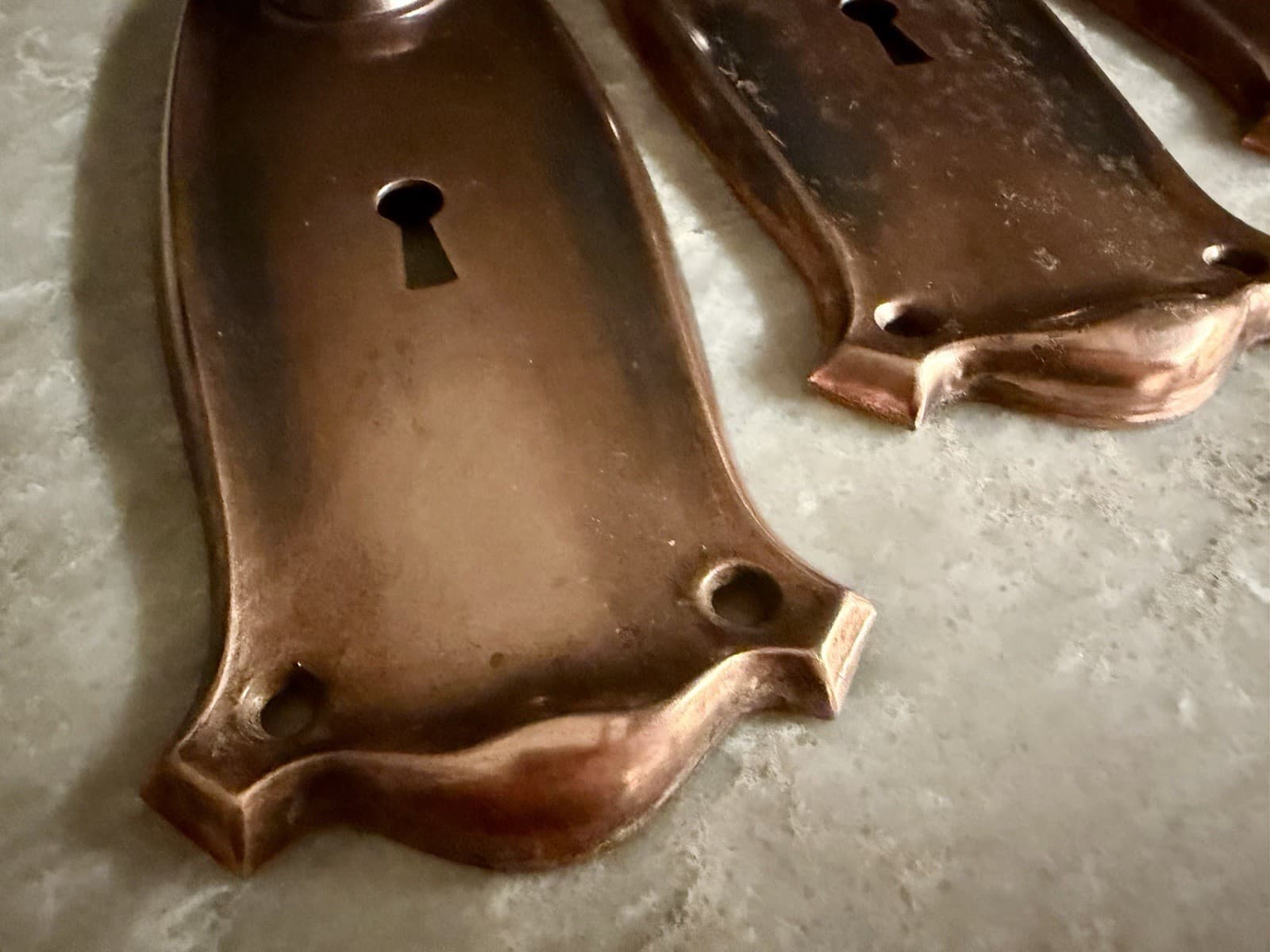 Vintage Stamped Steel Door Backplates Set of 3 Copper Bronze Finish 2.5” x 7.75” - Thumbnail 4