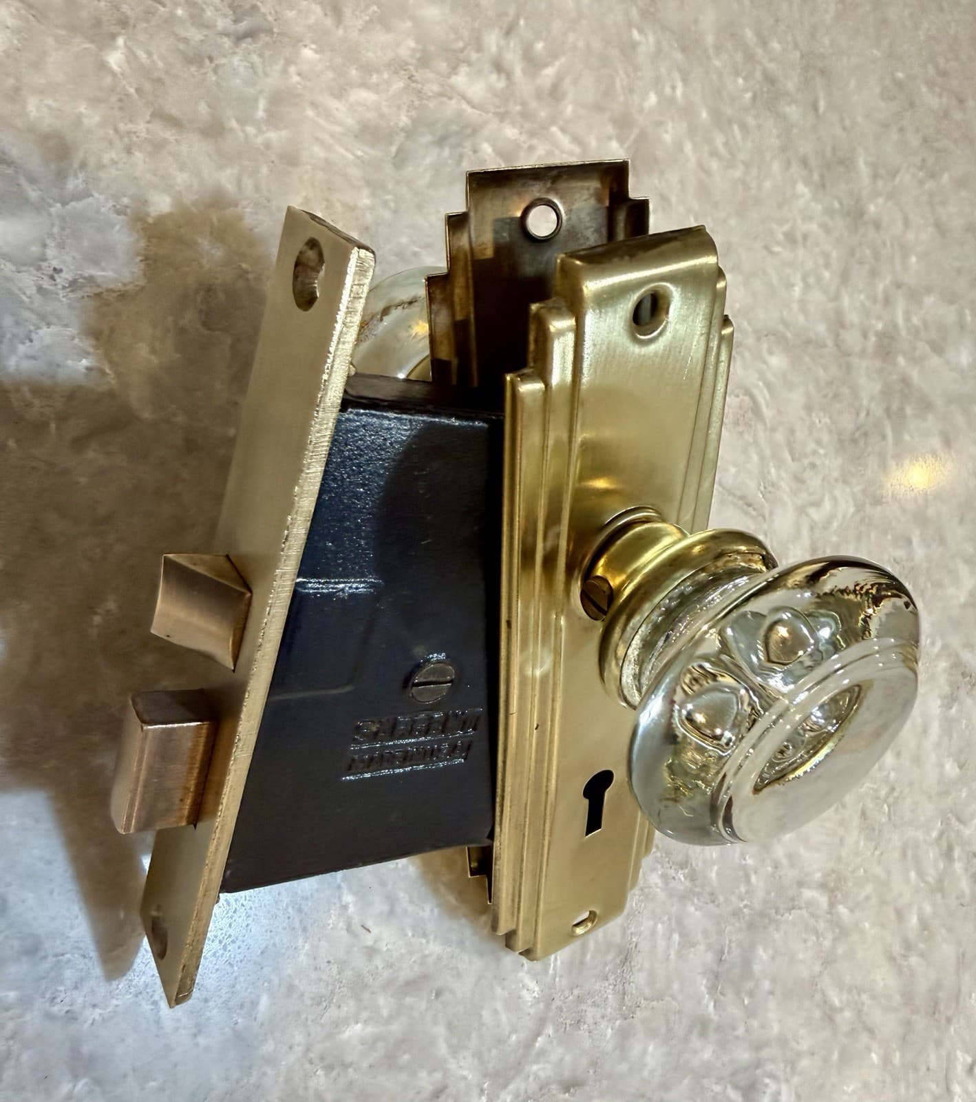 Vintage Sargent Mortise Lock Set Glass Door Knobs Art Deco Plates Key Complete - Thumbnail 16