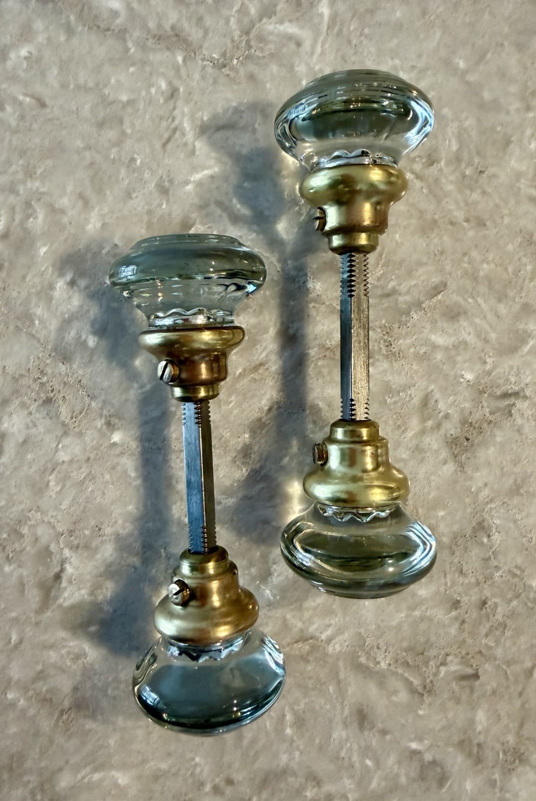 2 sets Vintage Clear Glass Door Knobs w/ Brass Collars 2” Knobs w/ 3.5” Spindle - Thumbnail 6