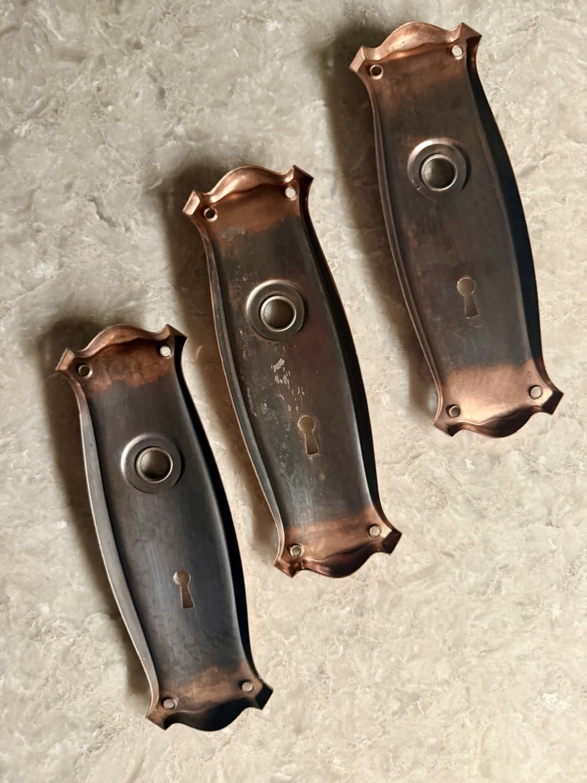 Vintage Stamped Steel Door Backplates Set of 3 Copper Bronze Finish 2.5” x 7.75” - Thumbnail 9