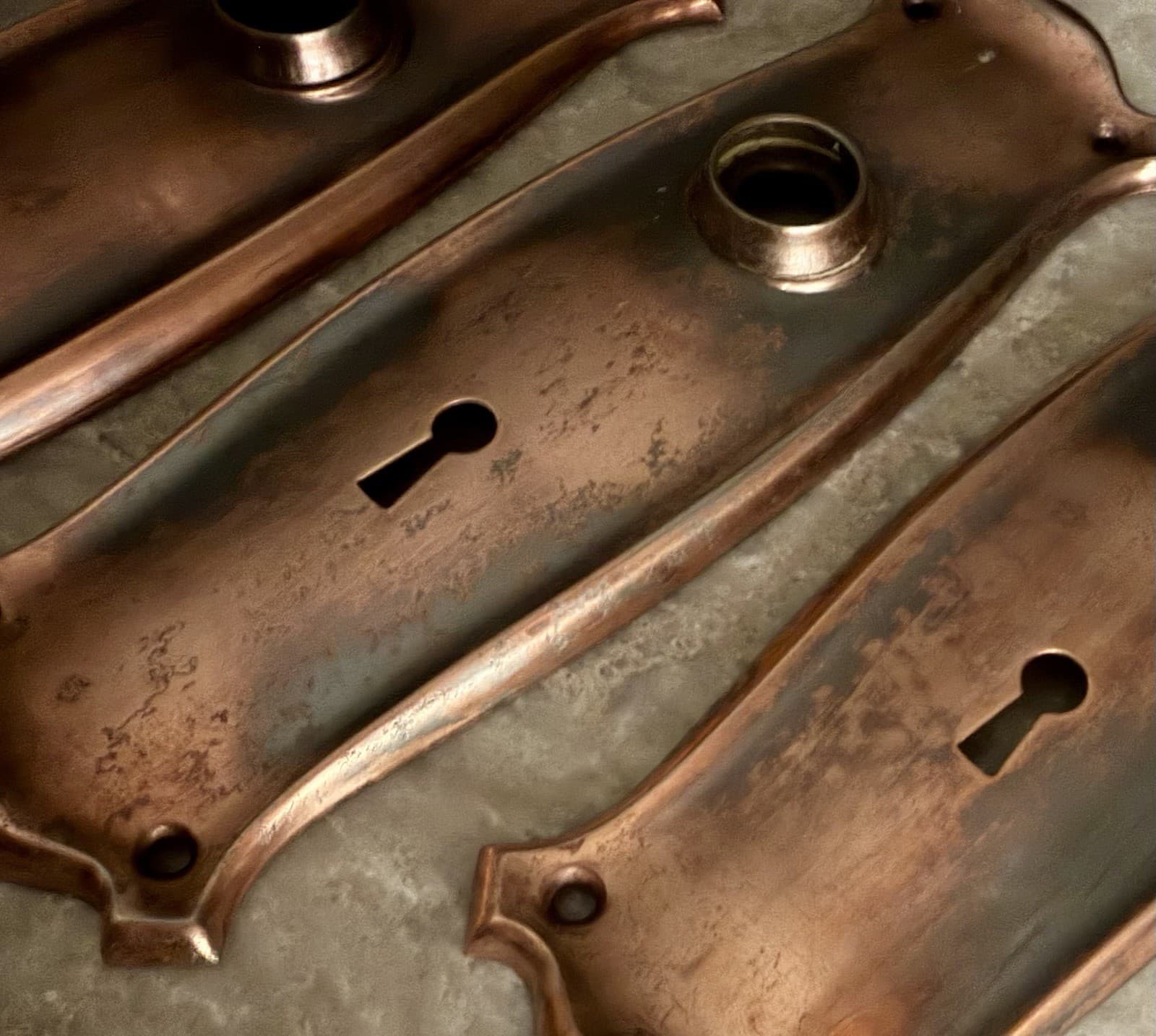 Vintage Stamped Steel Door Backplates Set of 3 Copper Bronze Finish 2.5” x 7.75” - Thumbnail 3