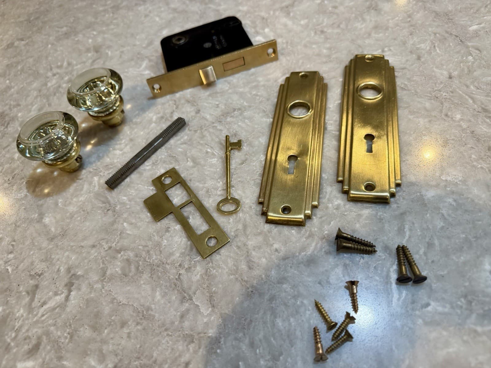 Vintage Sargent Mortise Lock Set Glass Door Knobs Art Deco Plates Key Complete - Thumbnail 2