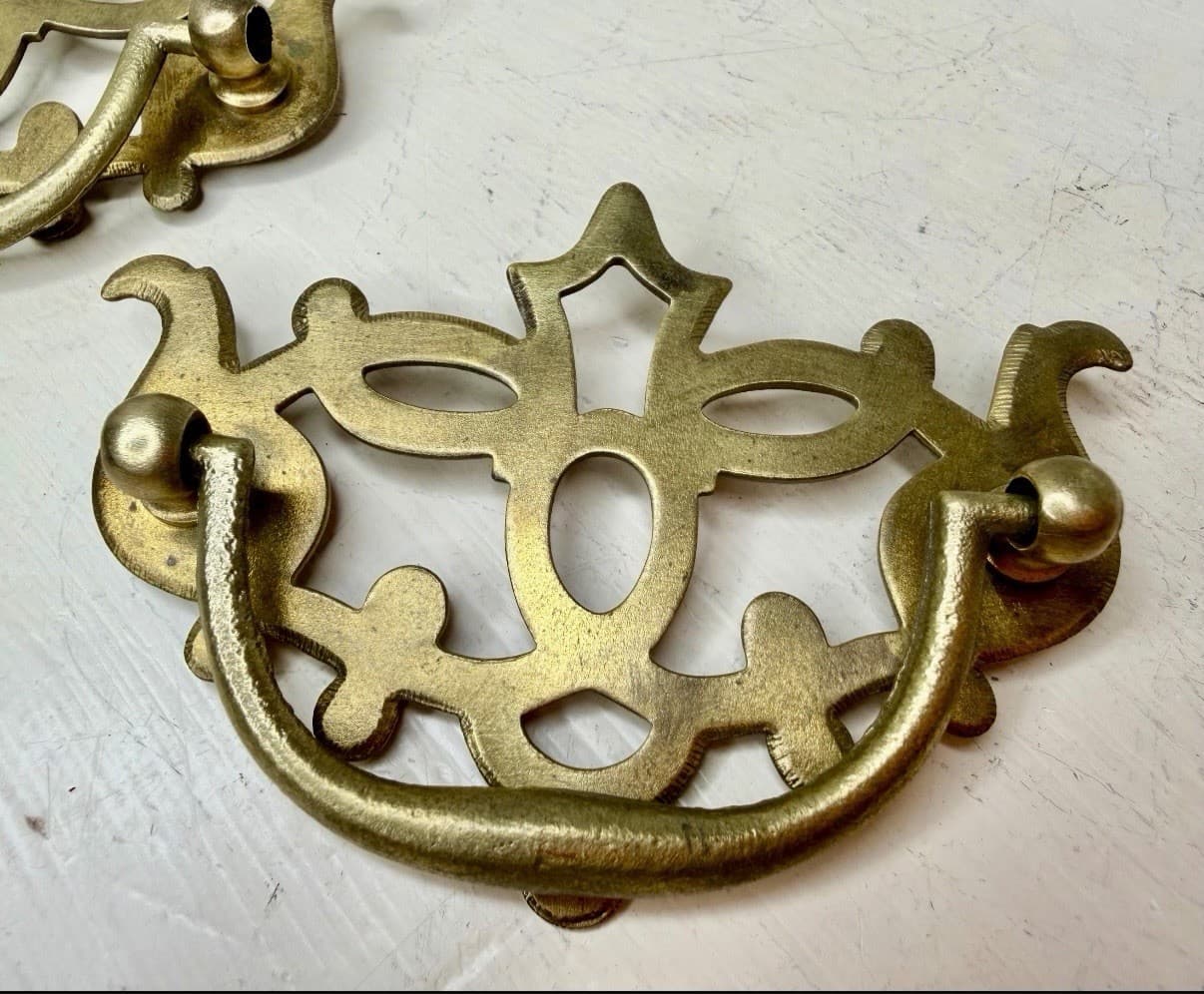 Vintage Solid Brass Gothic Bail Drawer Pulls Set of 2 - Thumbnail 2