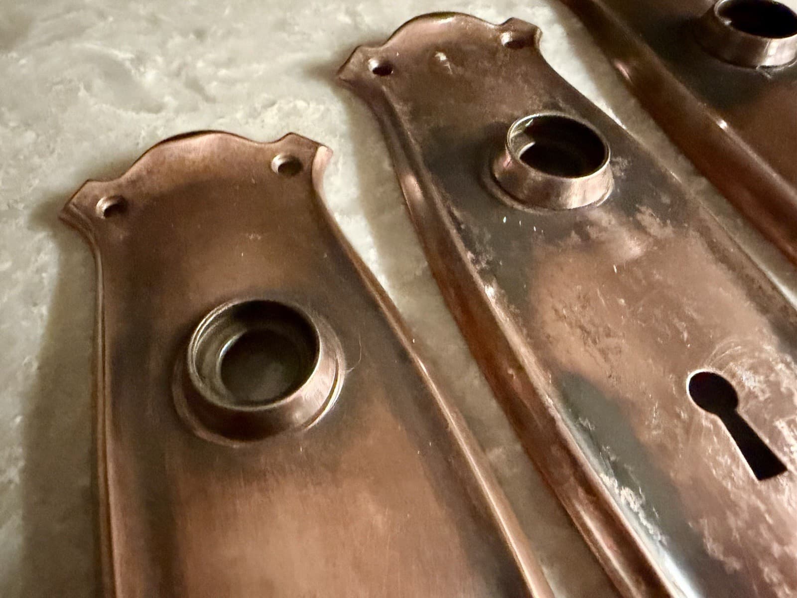 Vintage Stamped Steel Door Backplates Set of 3 Copper Bronze Finish 2.5” x 7.75” - Thumbnail 2