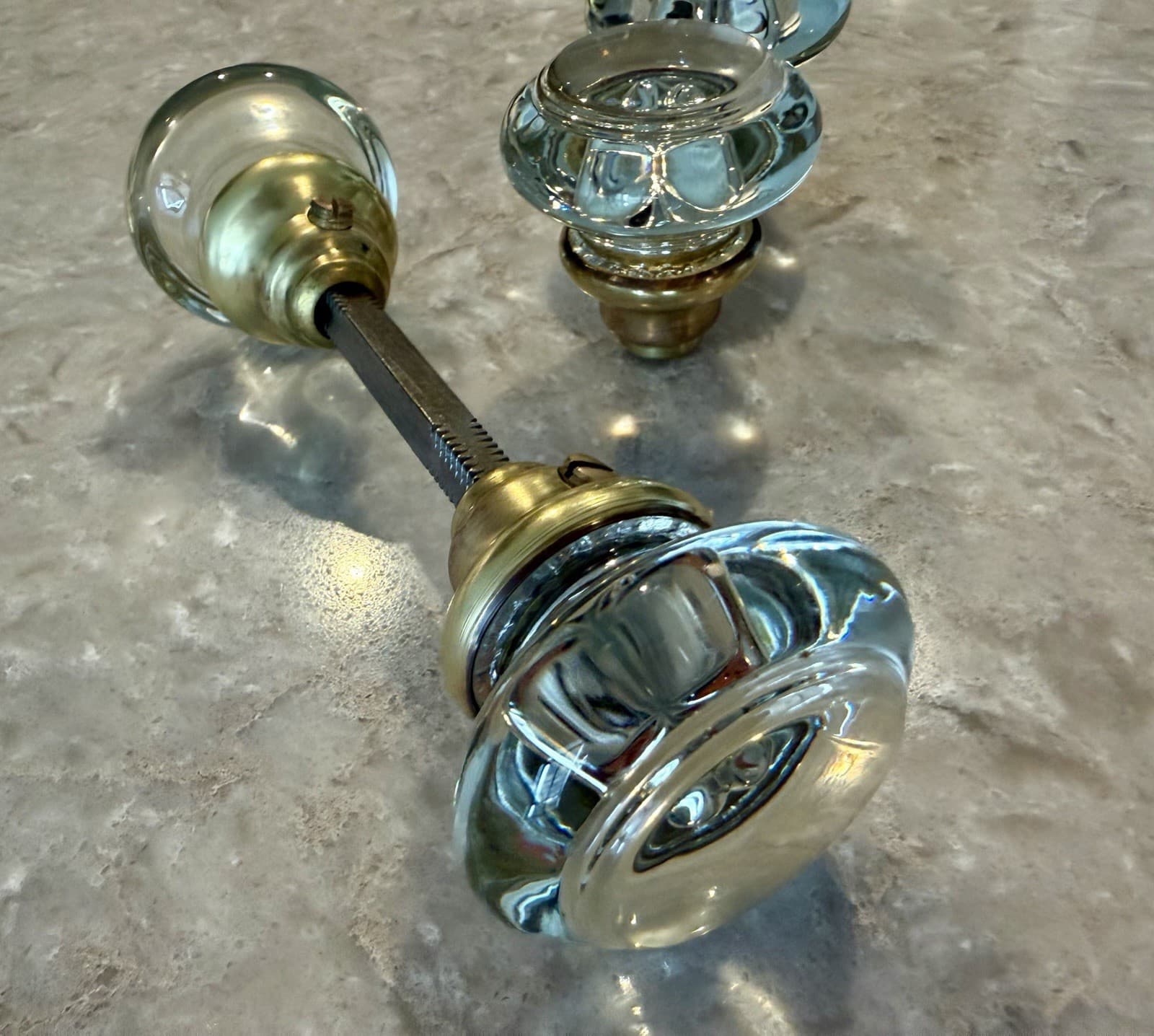 2 sets Vintage Clear Glass Door Knobs w/ Brass Collars 2” Knobs w/ 3.5” Spindle - Thumbnail 2