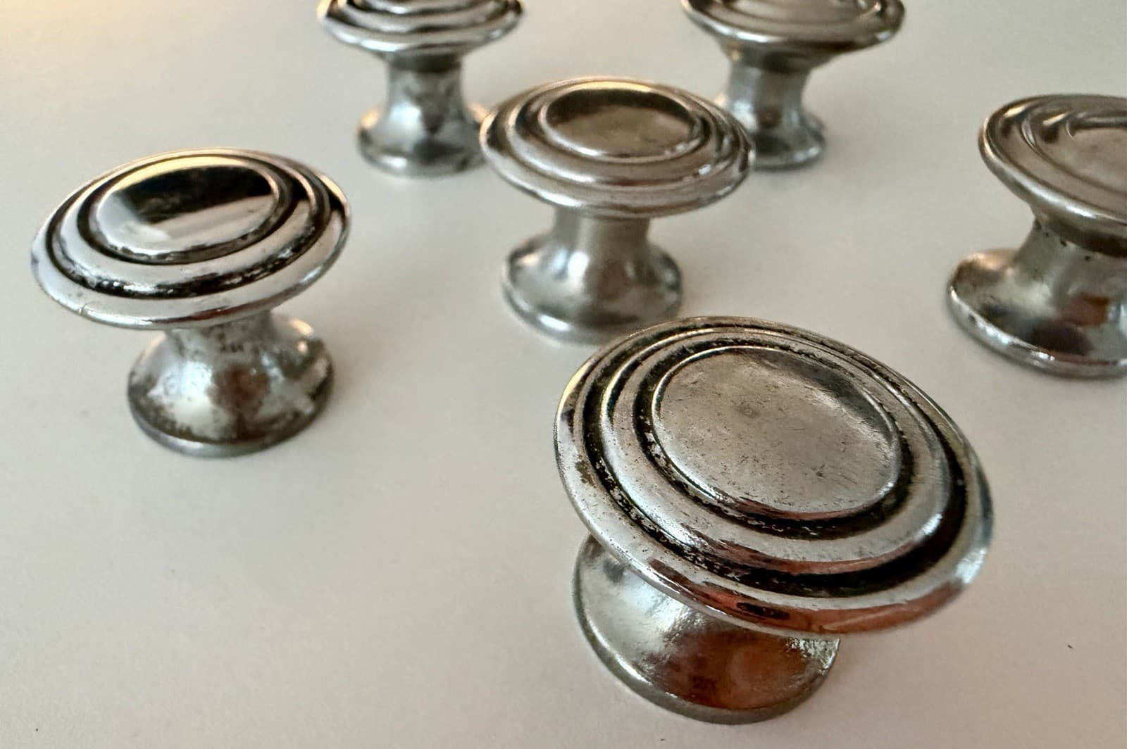 Set of 6 Vintage Steel Cabinet Drawer Knobs Concentric Circle Black Stripe 1” - Thumbnail 3