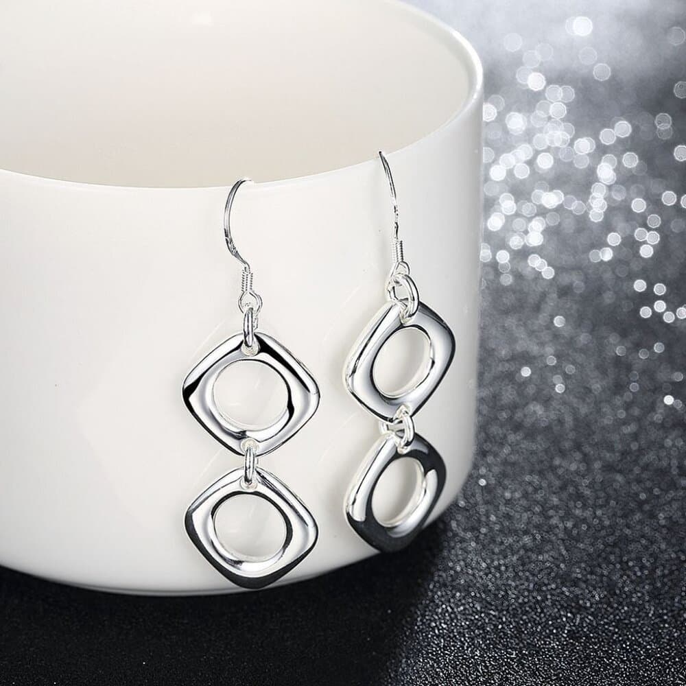 Leanna Geo Retro Open Square Trio Drop Sterling Silver Necklace Gift Boxed - Thumbnail 5