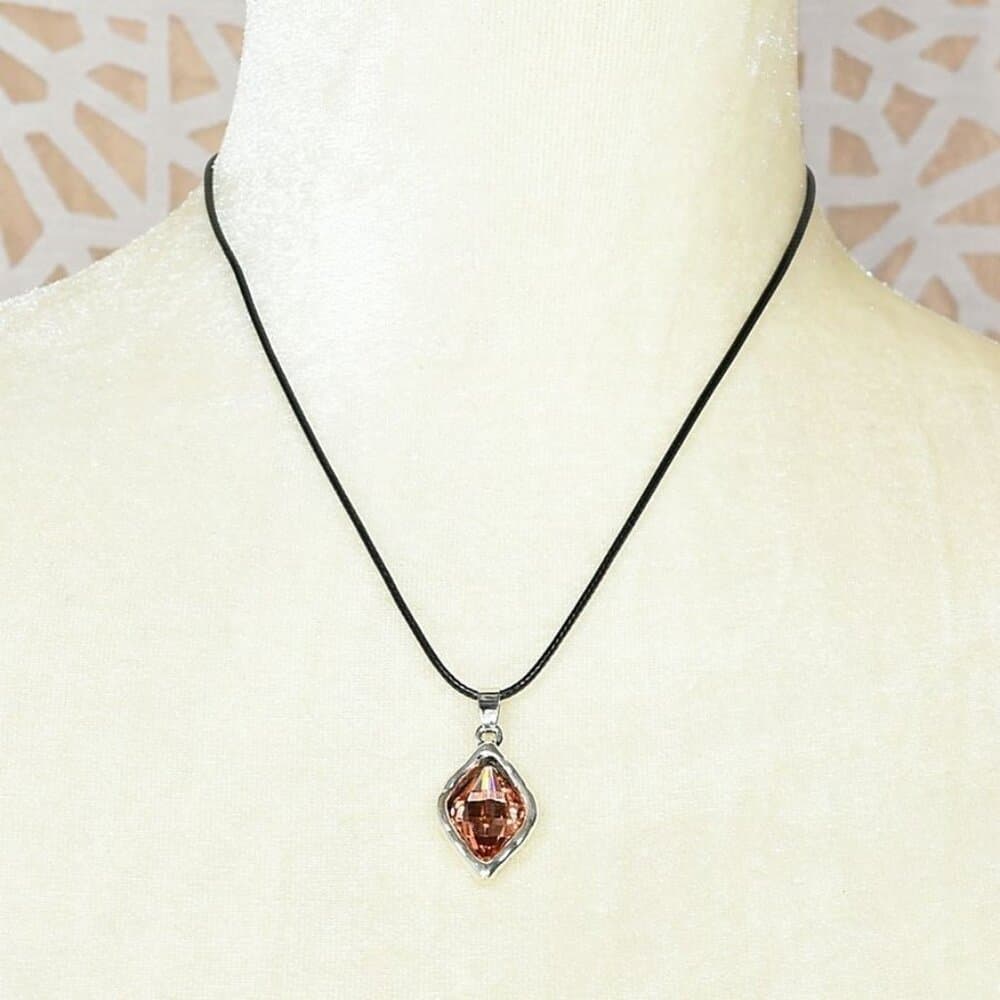 Lexie Tourmaline Pink Rhombus Crystal Charm Pendant Leather Necklace Gift Boxed - Thumbnail 3