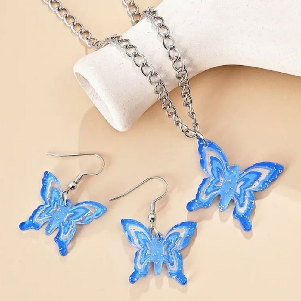 Lindy Jessa Colorful Blu Butterfly Necklace Earrings Set Gift Packaged - Thumbnail 3