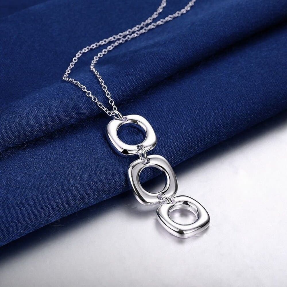Leanna Geo Retro Open Square Trio Drop Sterling Silver Necklace Gift Boxed - Thumbnail 2