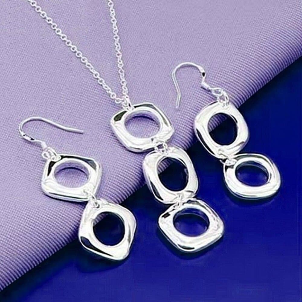 Leanna Geo Retro Open Square Trio Drop Sterling Silver Necklace Gift Boxed - Thumbnail 11