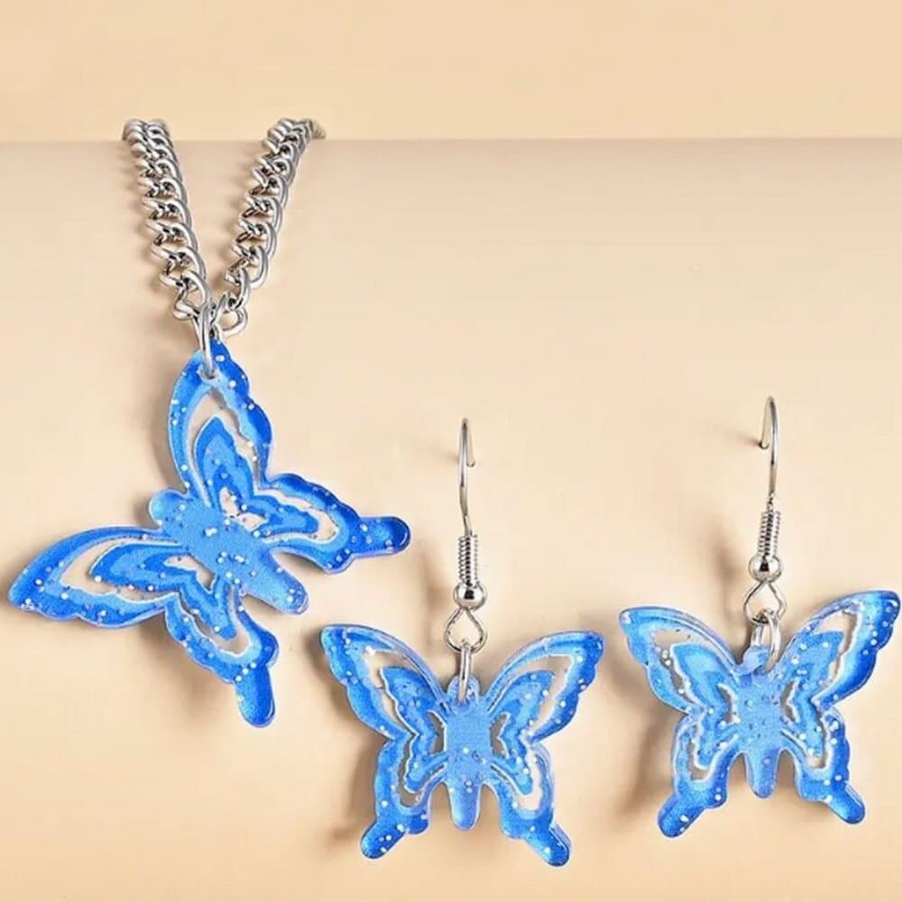 Lindy Jessa Colorful Blu Butterfly Necklace Earrings Set Gift Packaged - Thumbnail 2