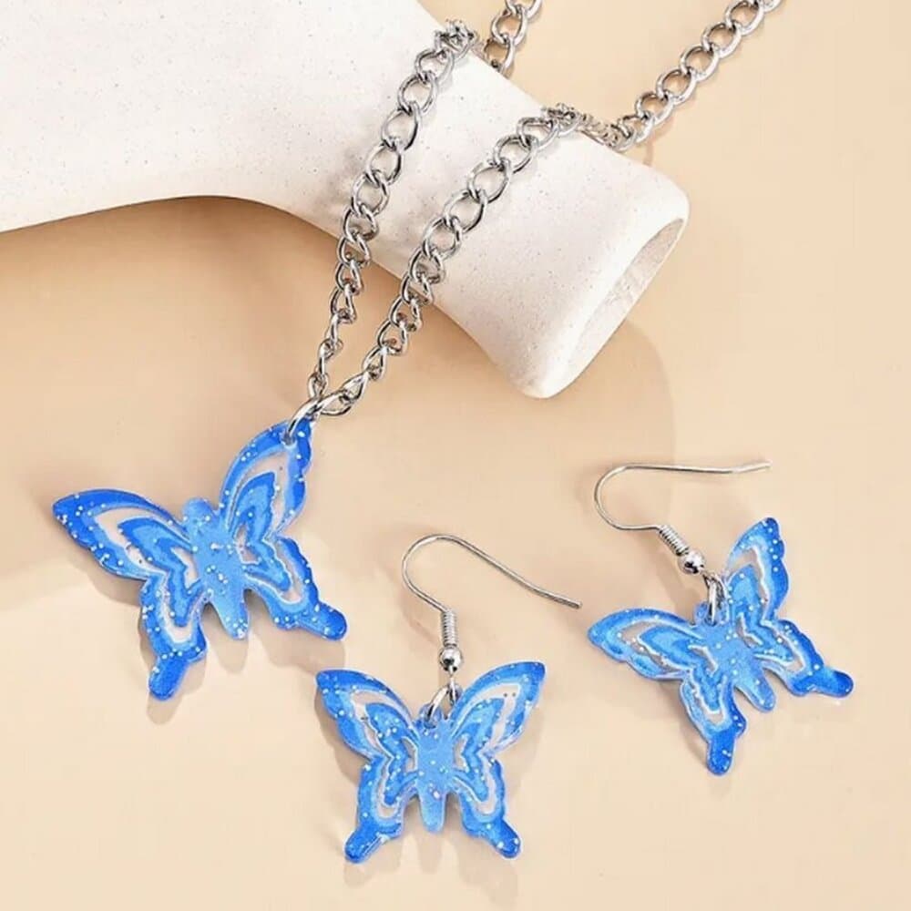 Lindy Jessa Colorful Blu Butterfly Necklace Earrings Set Gift Packaged - Thumbnail 8