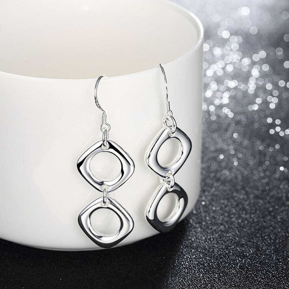 Leanna Geo Retro Open Square Double Drop 925 Sterling Silver Earrings Gift Boxed - Thumbnail 2
