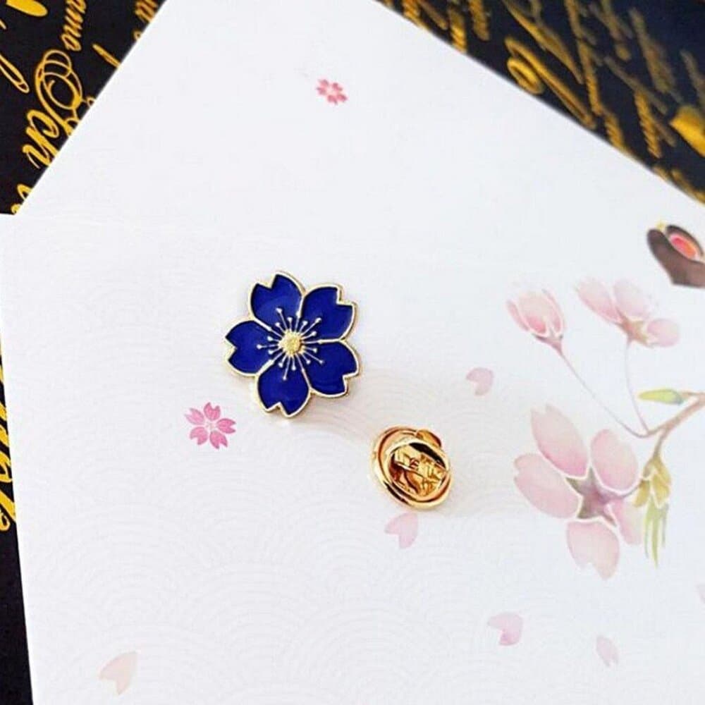 Kallie Juliet Cherry Blossom Flower Mini Brooch Pin Blue and Gold Gift Packaged - Thumbnail 3