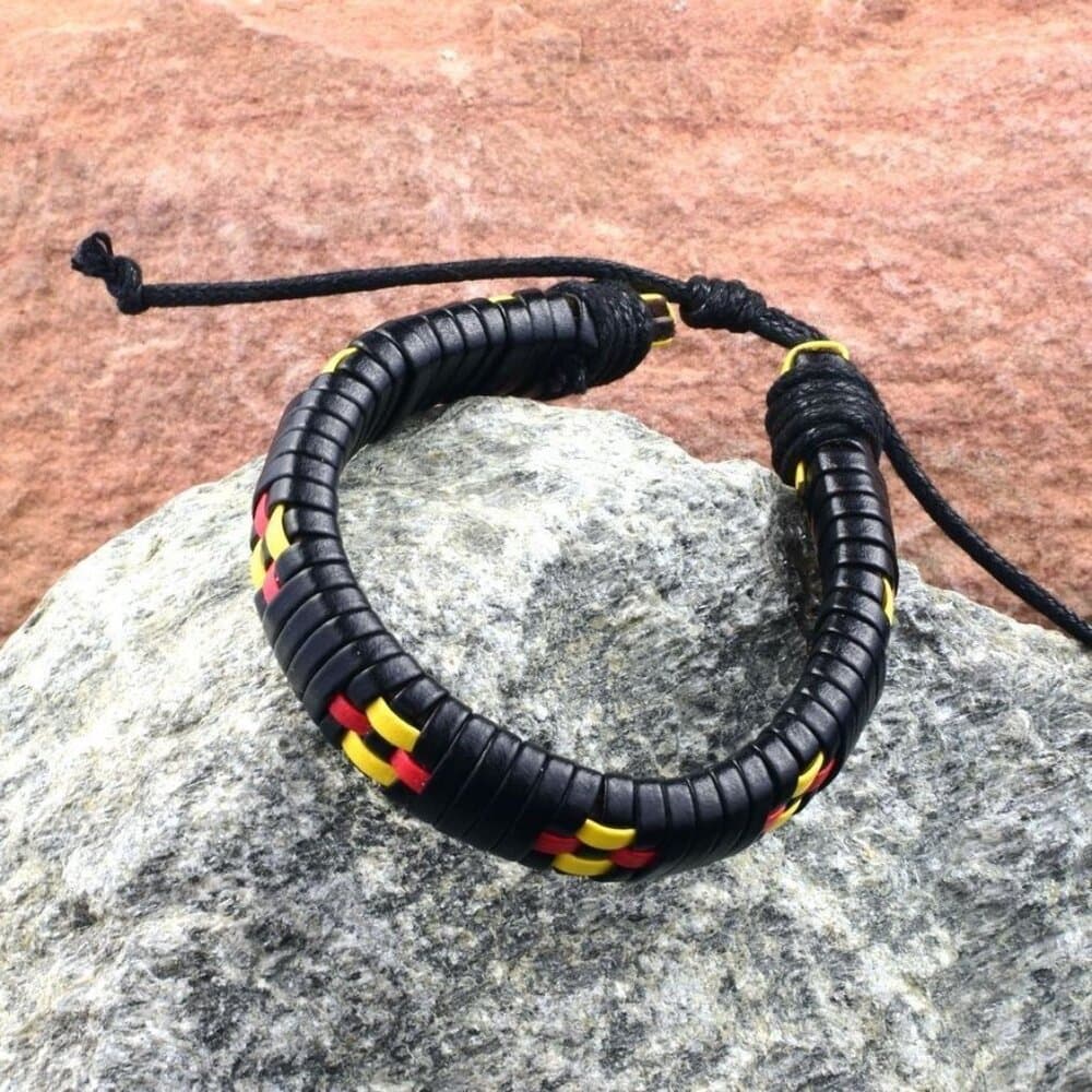 Kendrick Weave Leather Bracelet in Black Yellow Red Mens Gift Packaged - Thumbnail 2