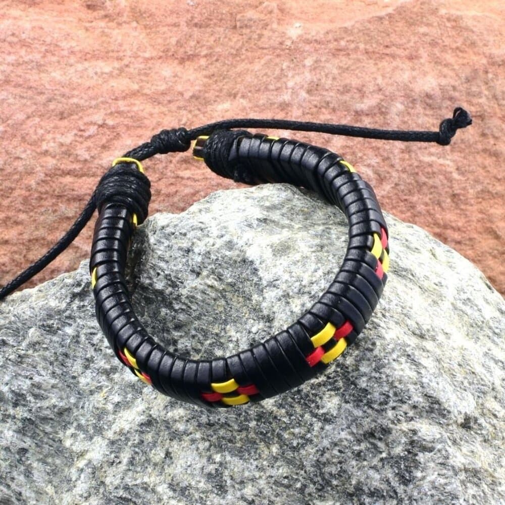 Kendrick Weave Leather Bracelet in Black Yellow Red Mens Gift Packaged - Thumbnail 4