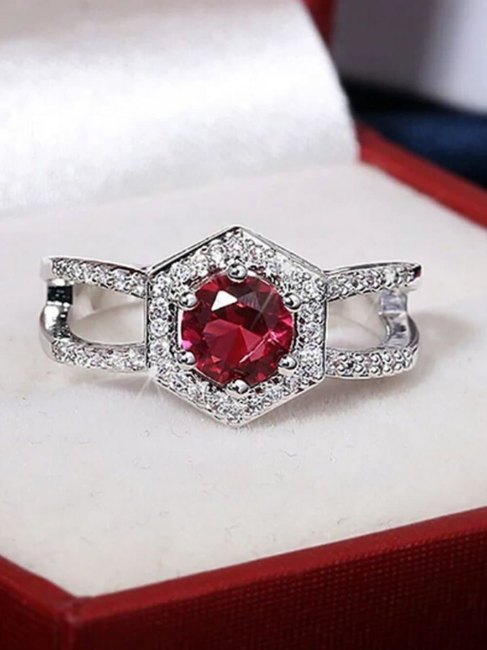 Kiara Grace Womens Rosy Red Hexagon Framed Crystal Silver Ring Size 6 Gift Boxed - Thumbnail 2