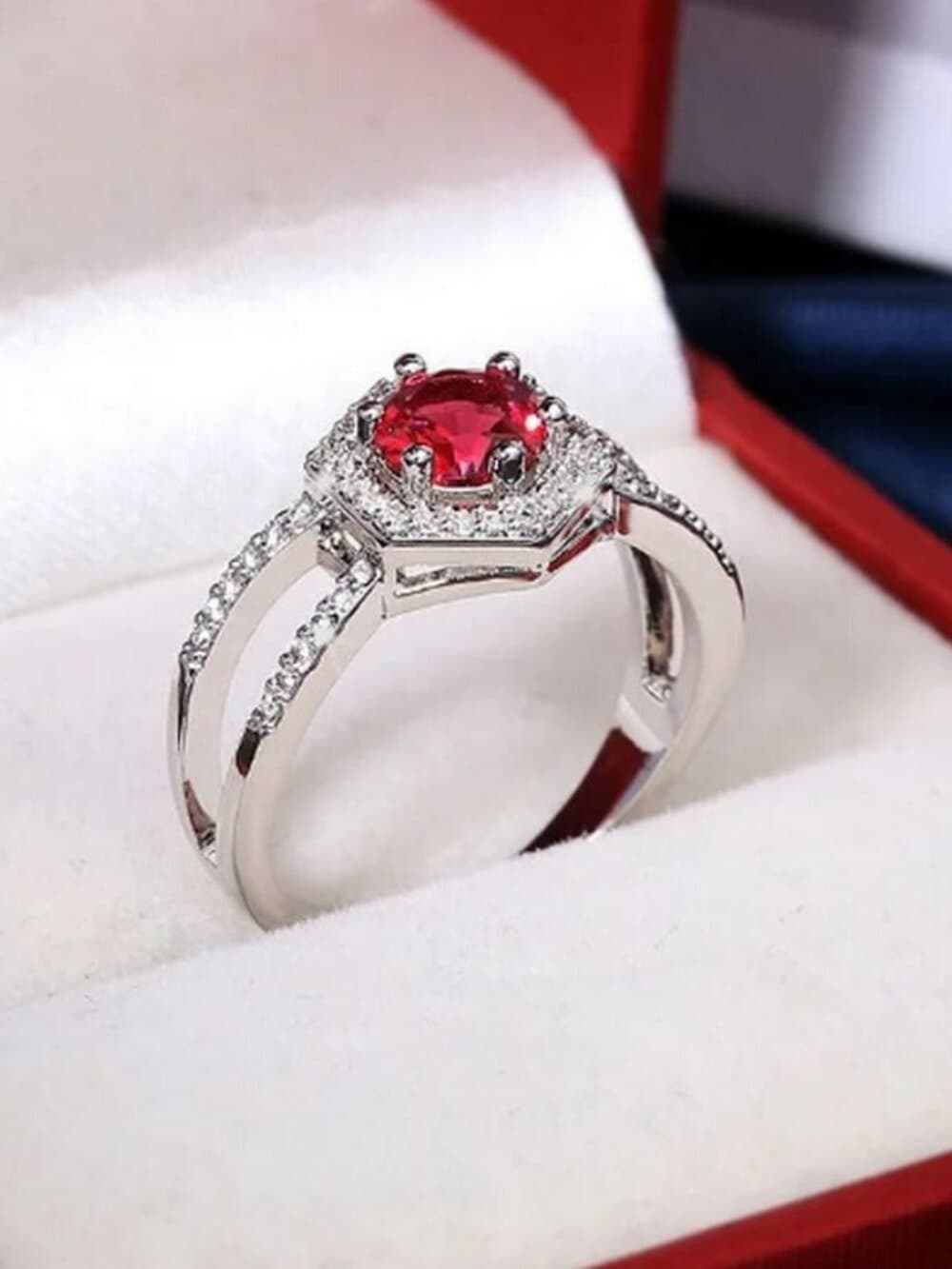 Kiara Grace Womens Rosy Red Hexagon Framed Crystal Silver Ring Size 6 Gift Boxed - Thumbnail 3