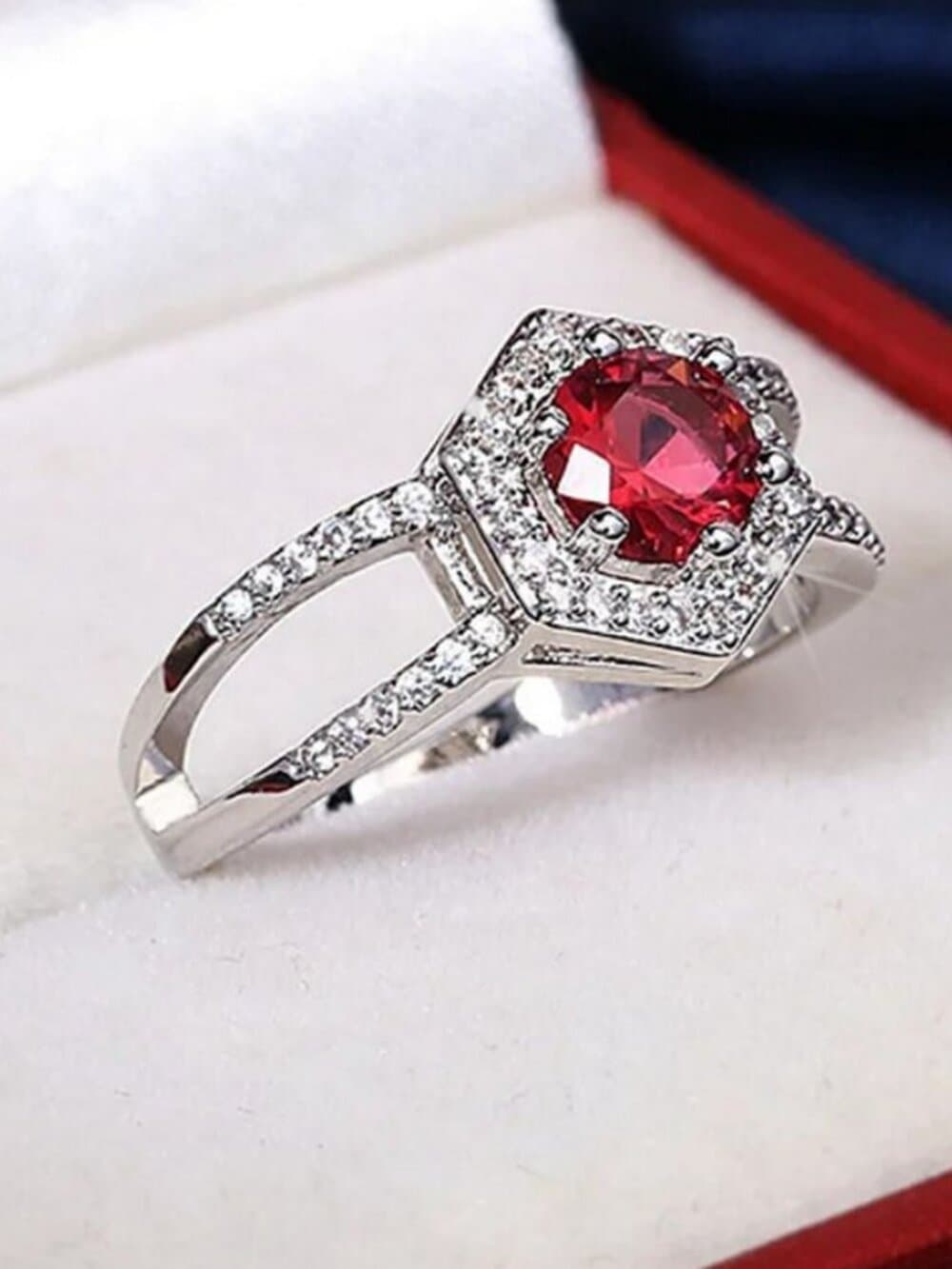 Kiara Grace Womens Rosy Red Hexagon Framed Crystal Silver Ring Size 6 Gift Boxed - Thumbnail 4