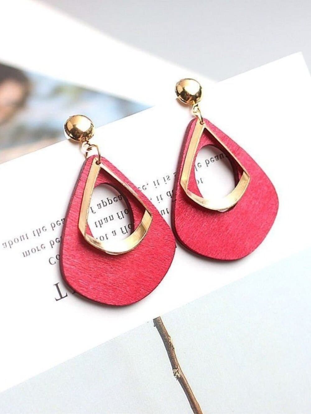 Kaylie Magenta Pink Press Cut Wood Gold Layer Teardrop Earrings Gift Packaged - Thumbnail 3