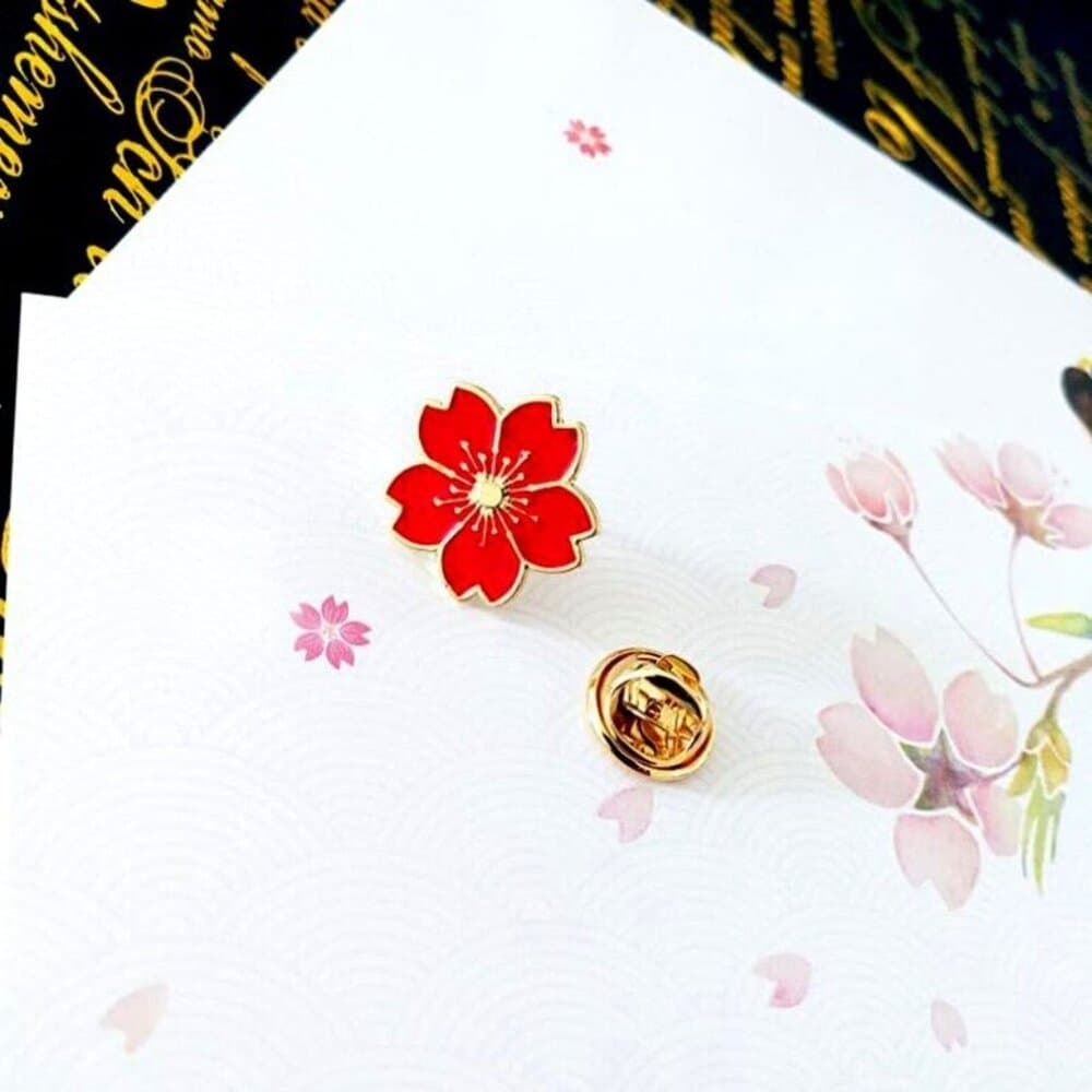 Kallie Juliet Cherry Blossom Flower Mini Brooch Pin Red and Gold Gift Packaged - Thumbnail 3