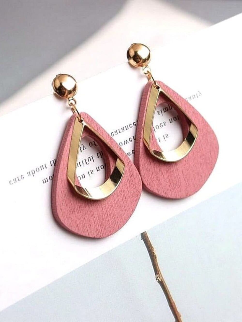 Kaylie Blush Pink Press Cut Wood Gold Layer Teardrop Earrings Gift Packaged - Thumbnail 3