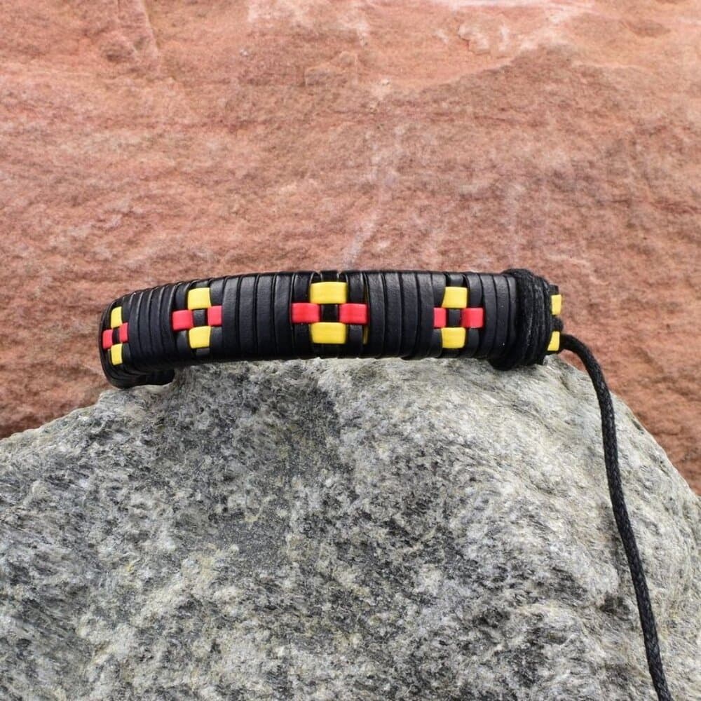 Kendrick Weave Leather Bracelet in Black Yellow Red Mens Gift Packaged - Thumbnail 3